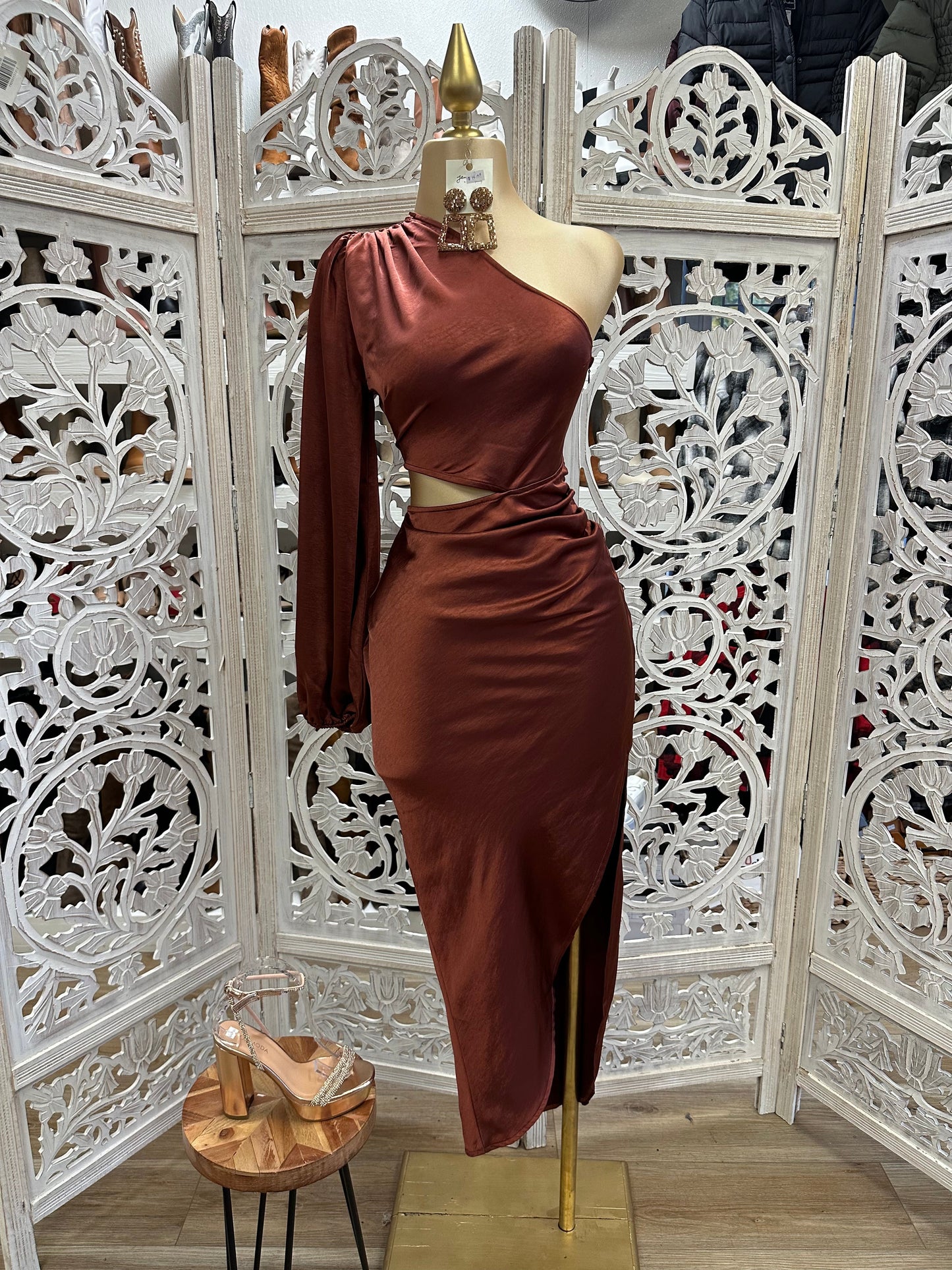 Midi Satin Bell One Sleeve Dress