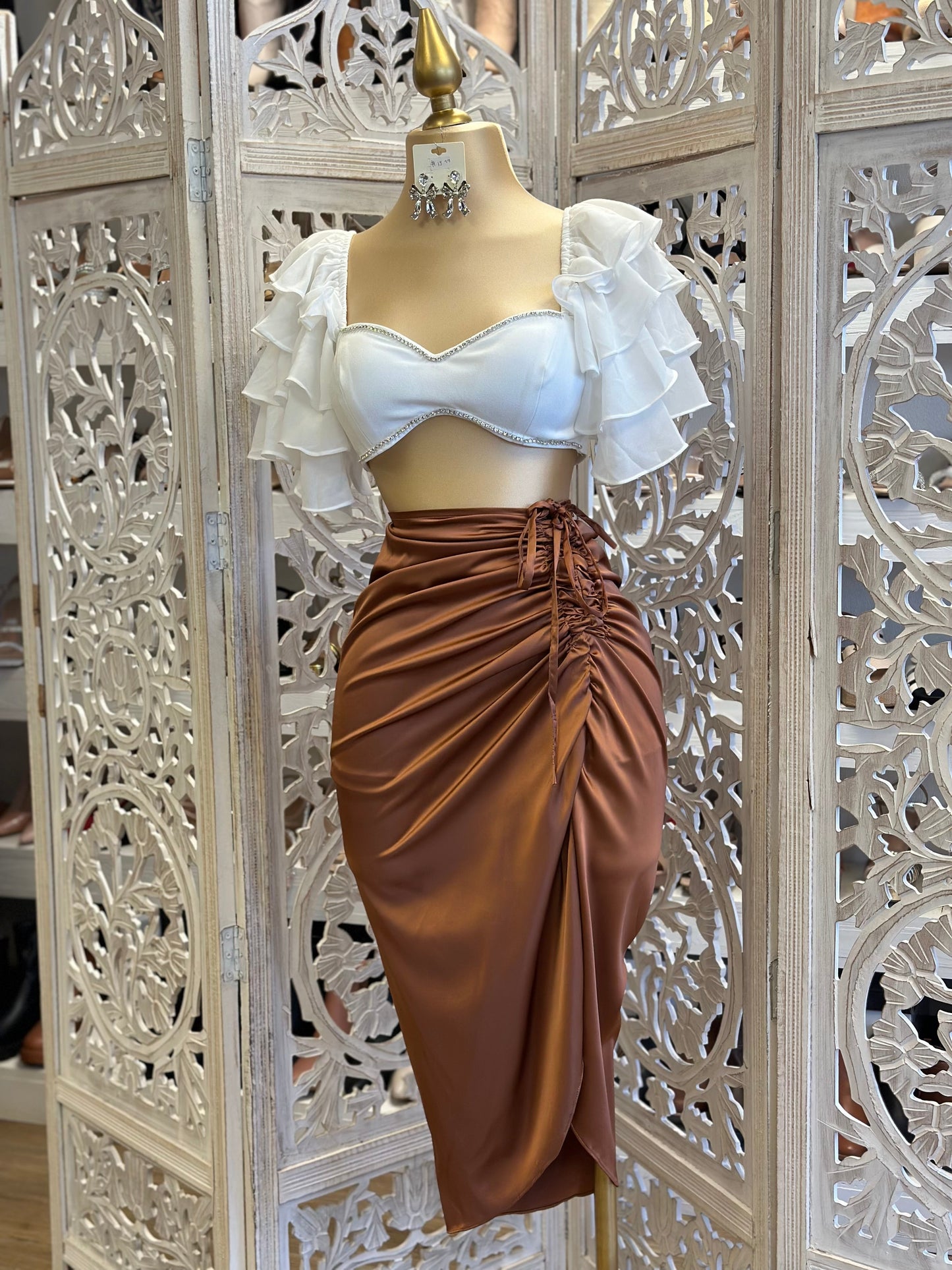 Brown Ruched Satin Midi Skirt- Stretchy