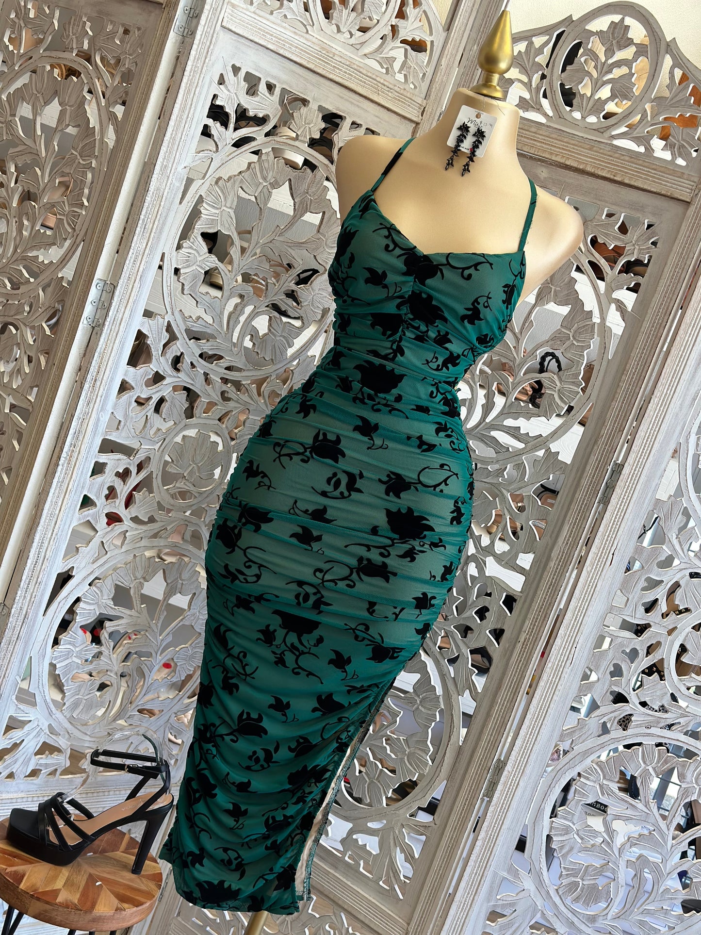 Emerald Velvet Floral Tie Back Dress