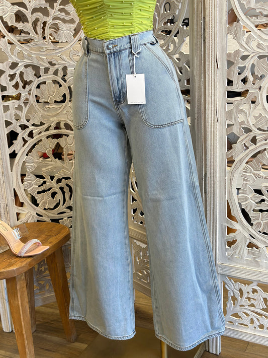 High Rise Button Light Wash Flare Jeans- Stretchy