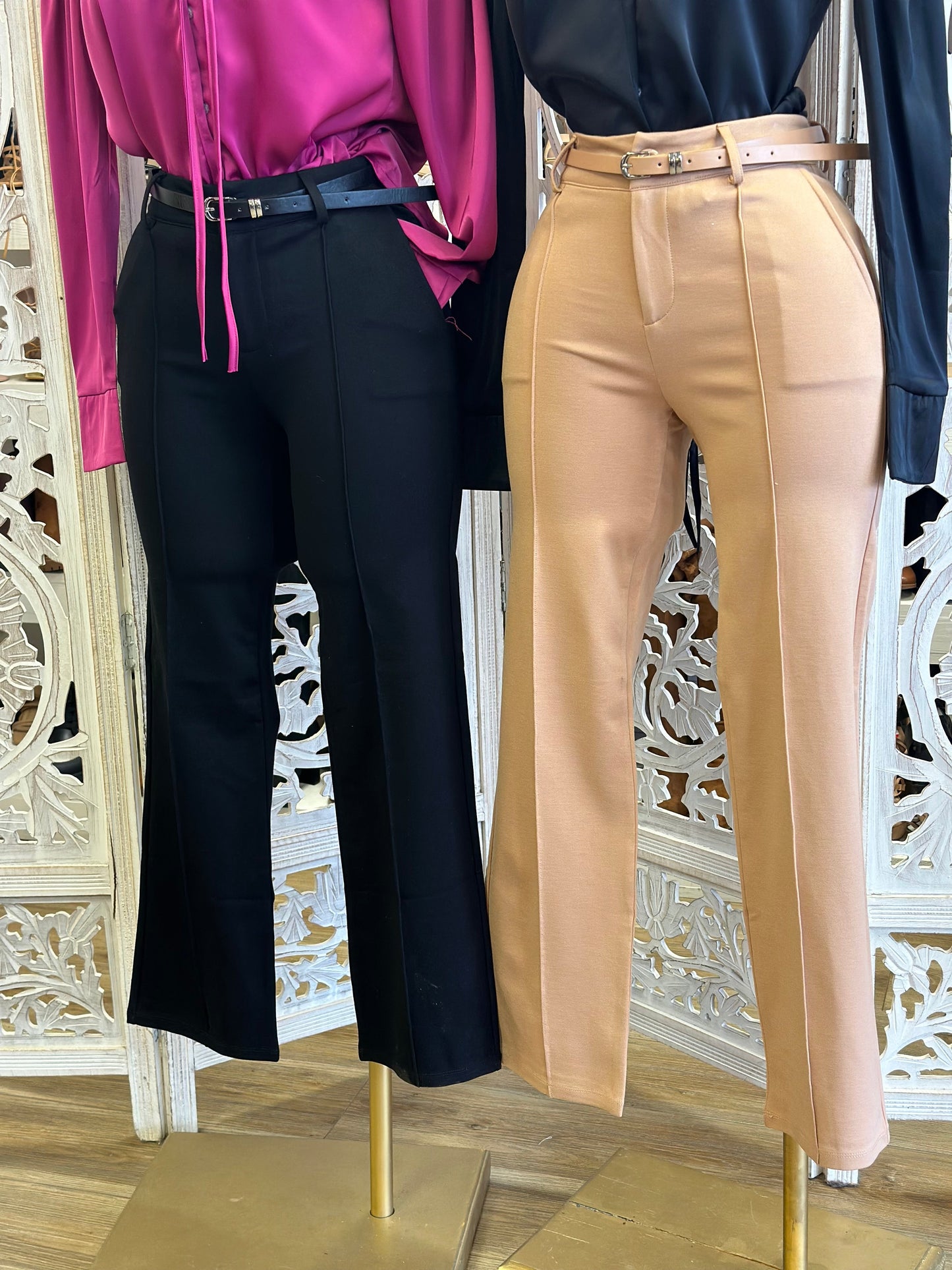 Straight Leg Trousers with Belt- Stretchy