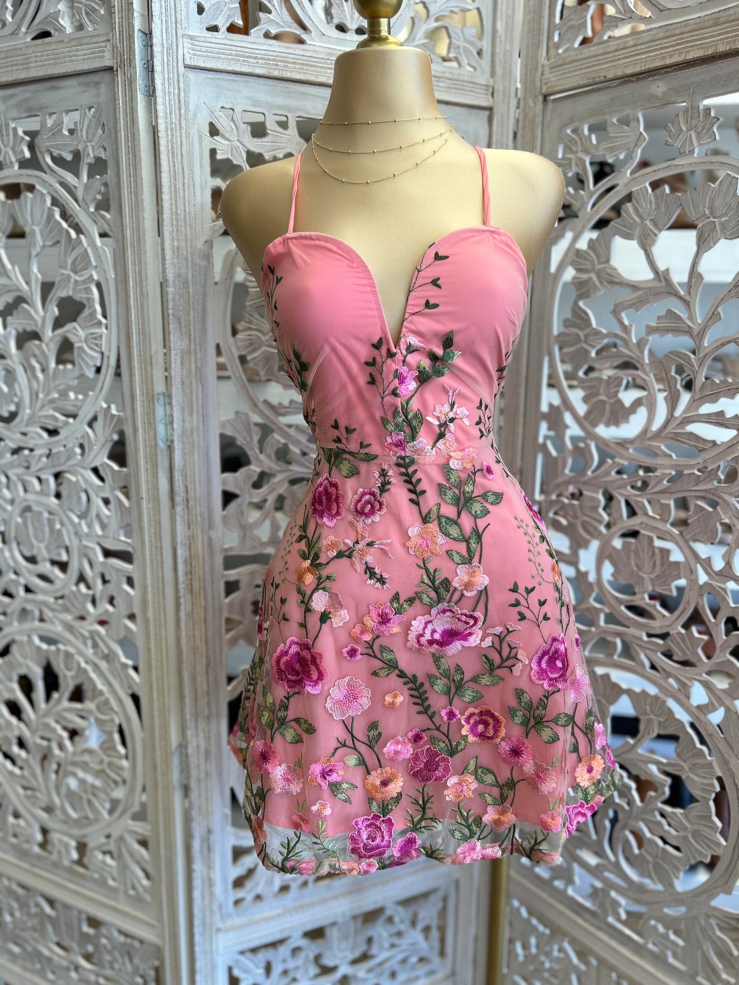 Heart Lined Floral Embroidered Dress- Not Stretchy