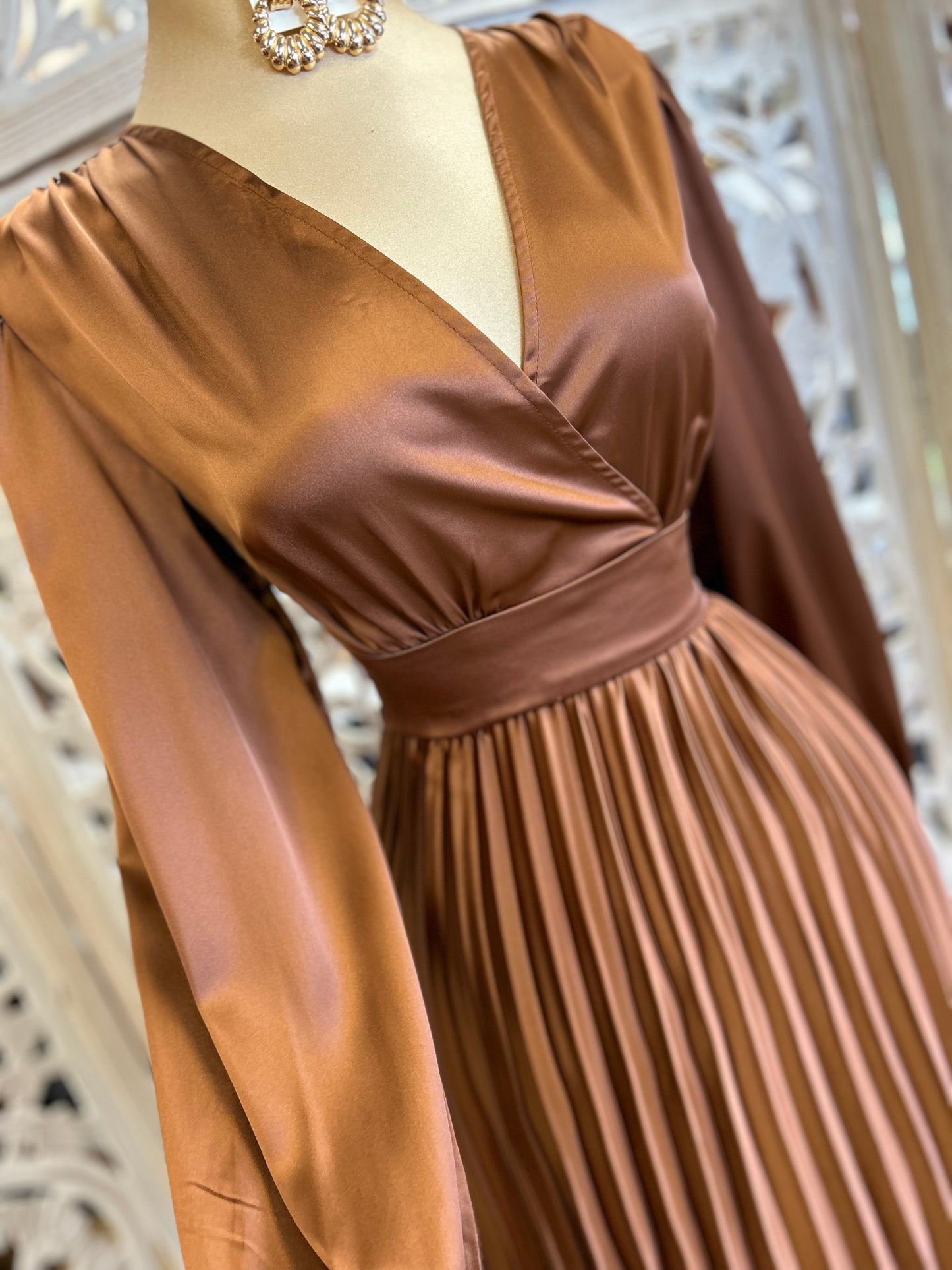 Bronze Pleated Midi Dress- Not Stretchy