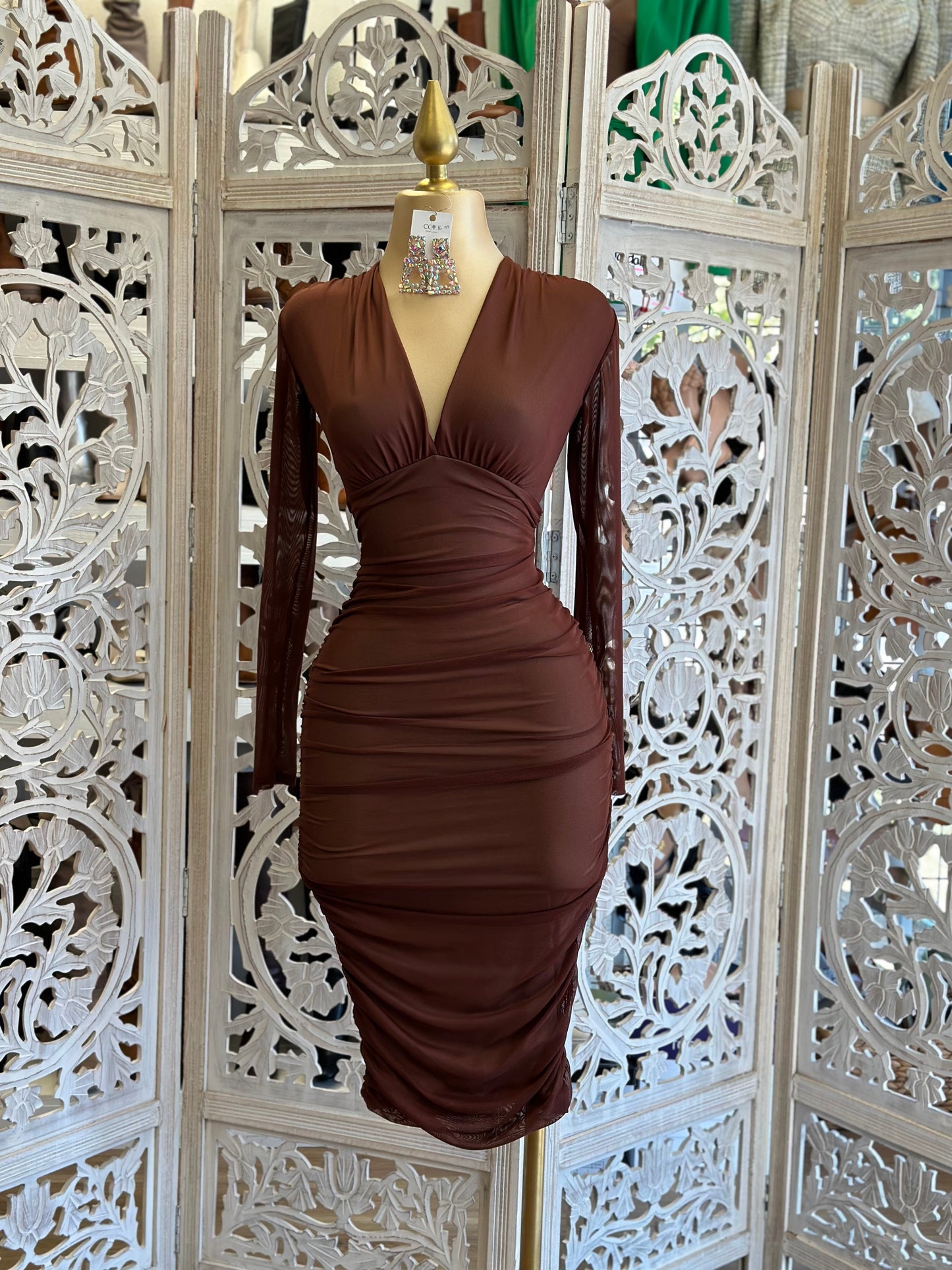 Brown Crossed Mesh Midi Dress