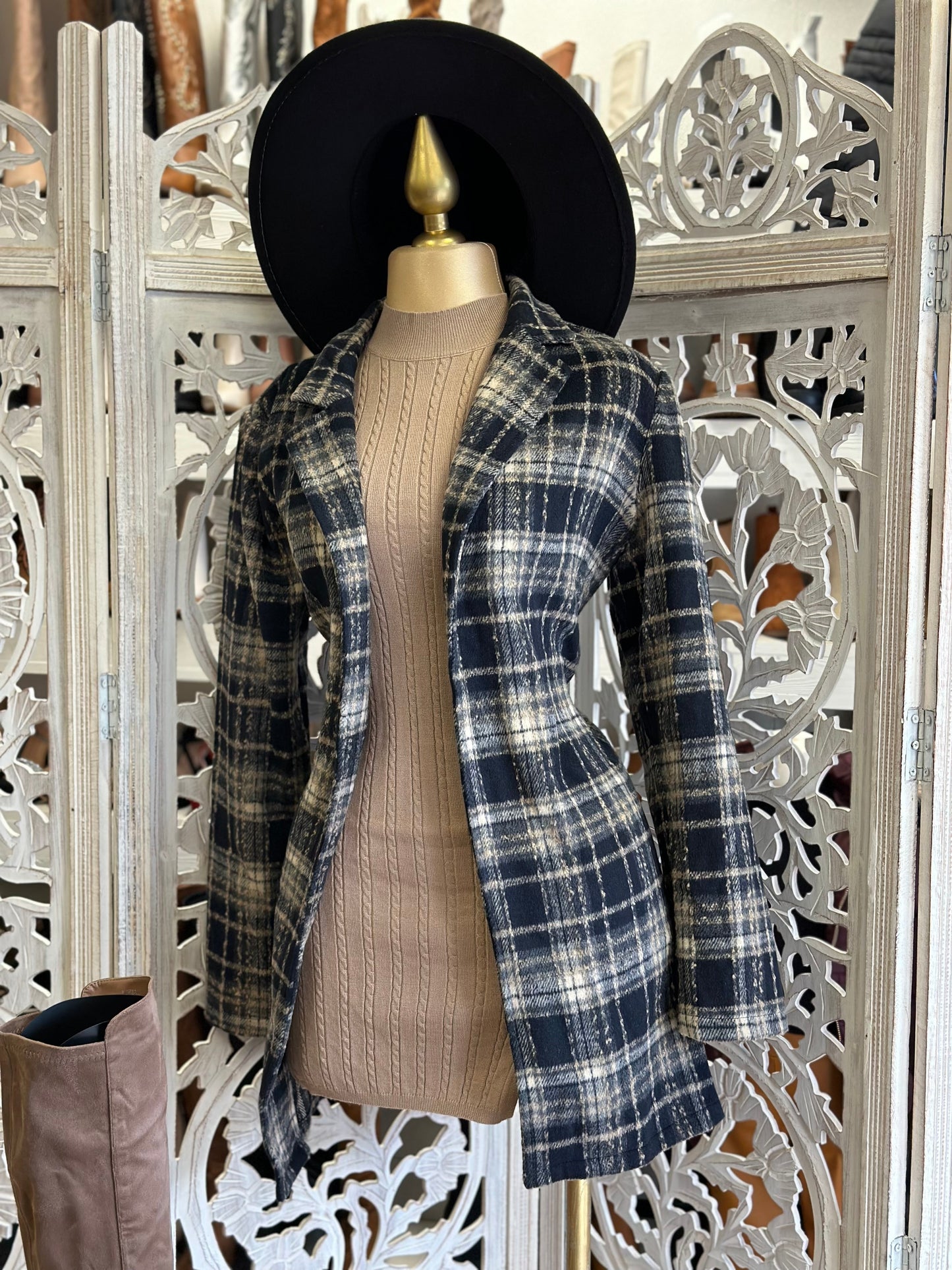 Black Plaid Mid Coat