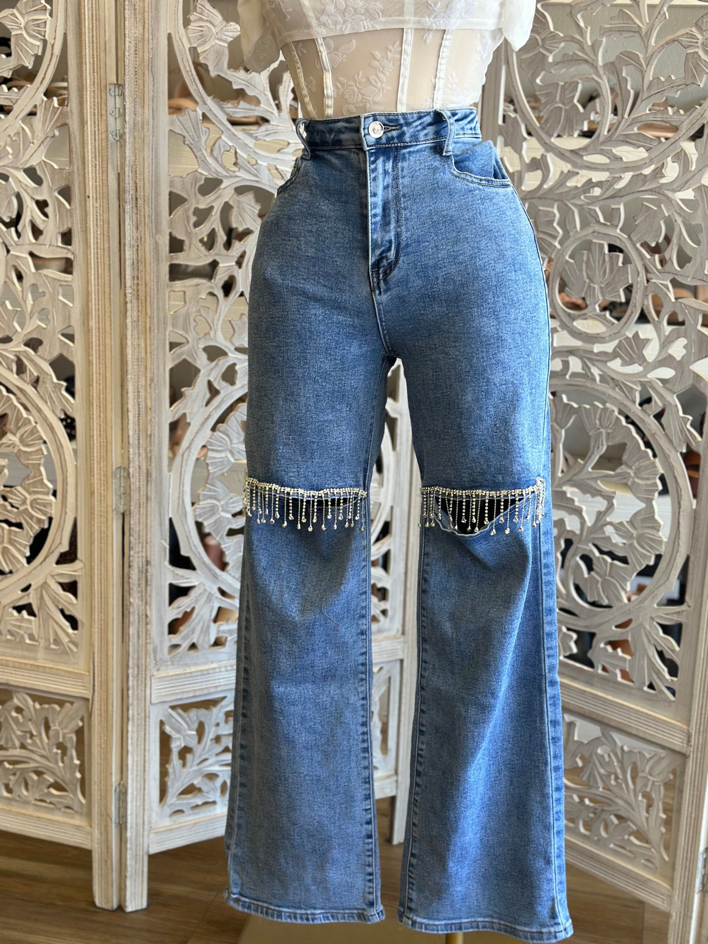 Rhinestone Fringe Ripped Jeans- Stretchy