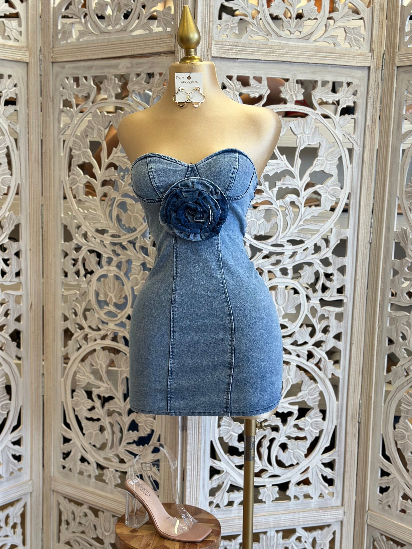 Flower Detail Denim Mini Dress- Slightly Stretchy