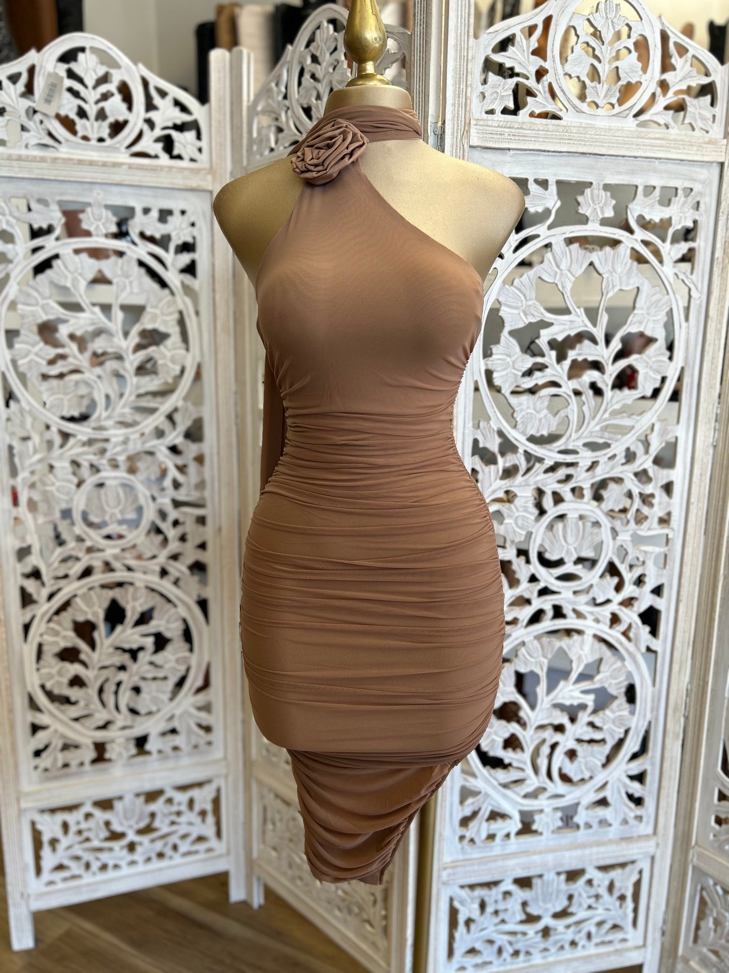 Mocha Ruched Flower Detail Dress- Stretchy