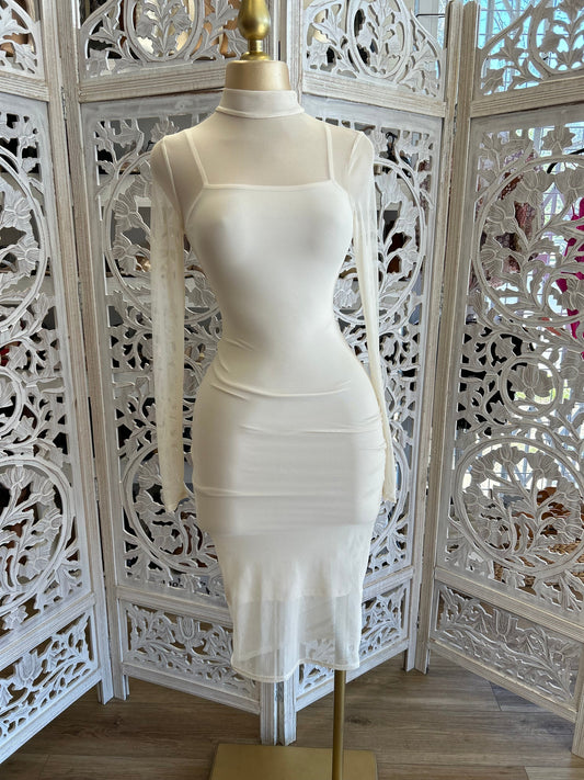 Cream Mesh Mock Neck Midi Dress- Stretchy