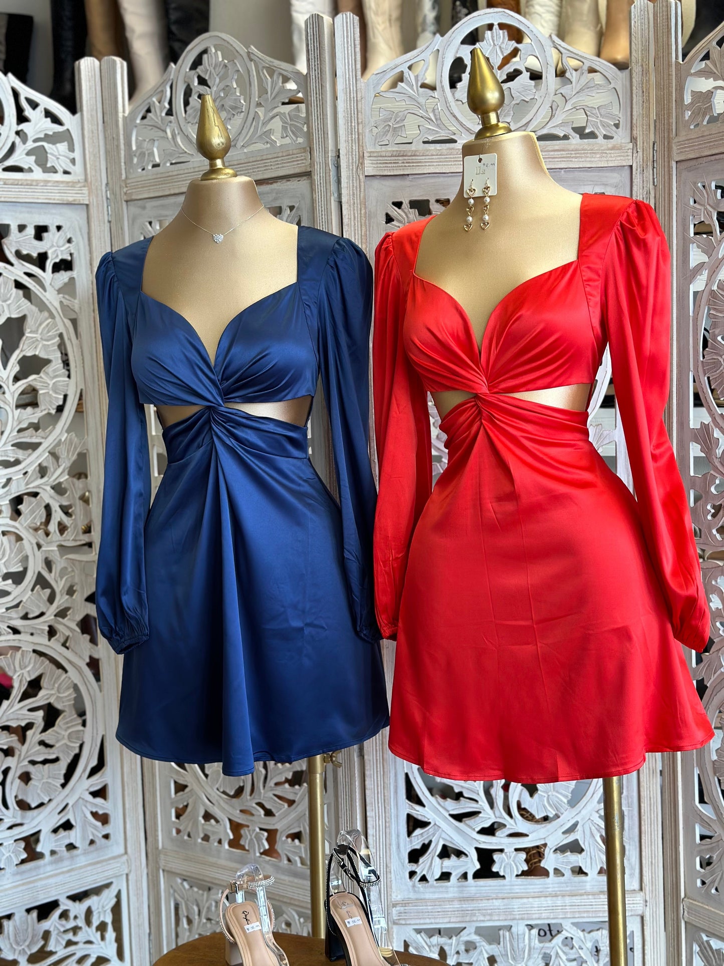 Satin Cutout Knotted Dress- Slightly Stretchy