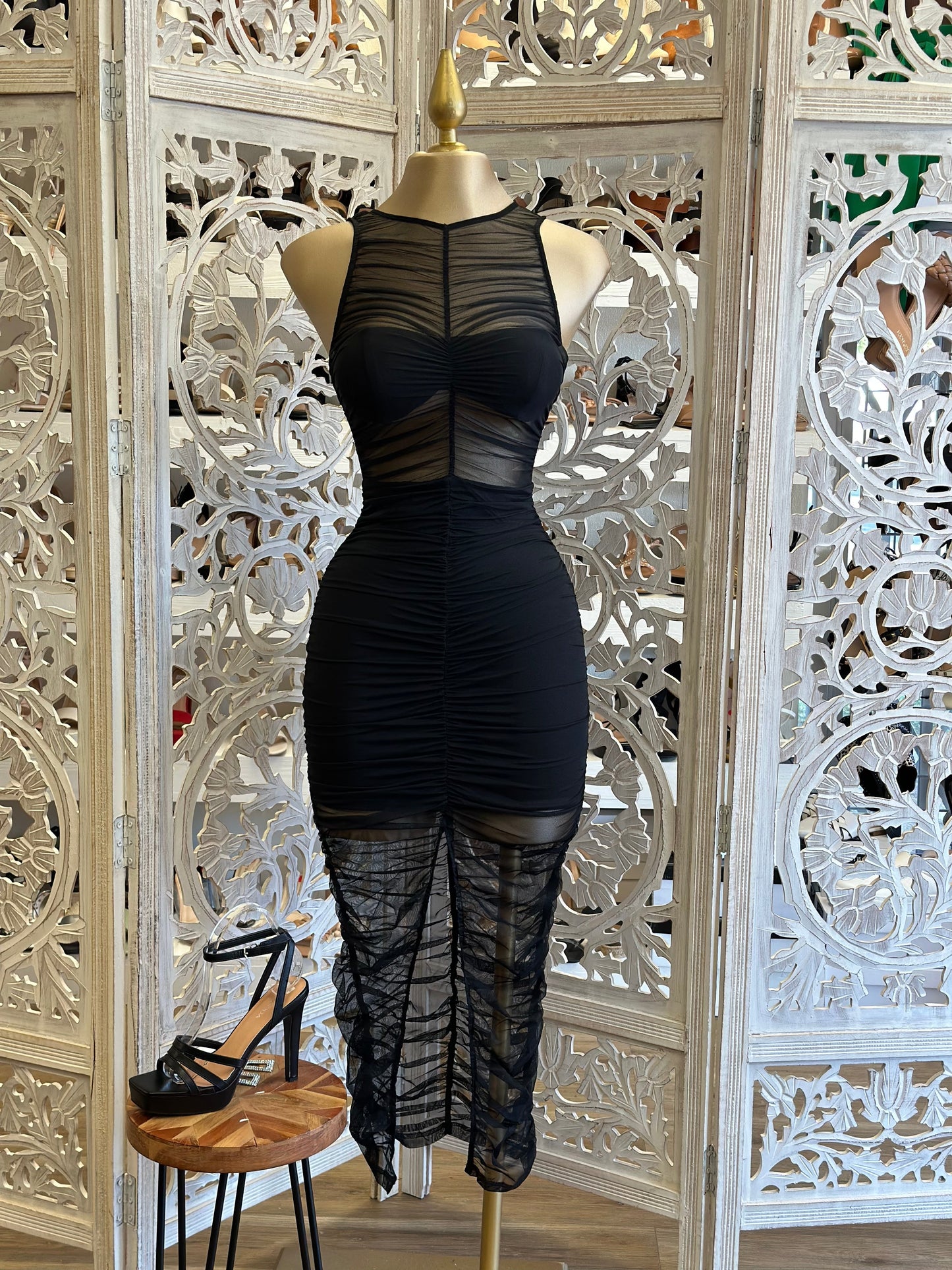 Mesh Rushed Midi Black Dress