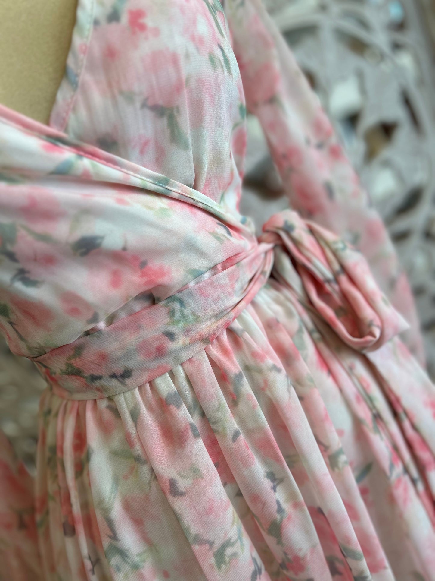 Pink Floral Wrapped Maxi Dress- Slightly Stretchy