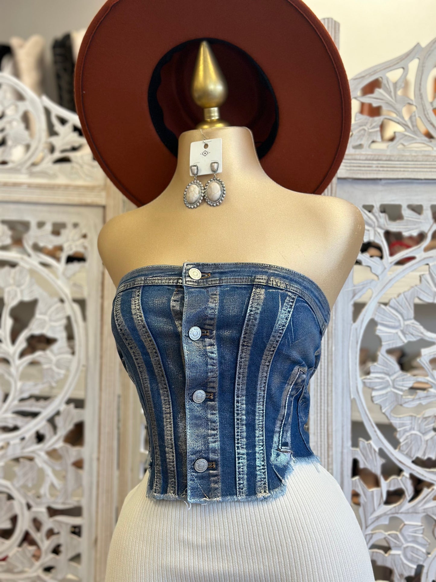 Silver Seams Denim Button Up Strapless Top- Slightly Stretchy