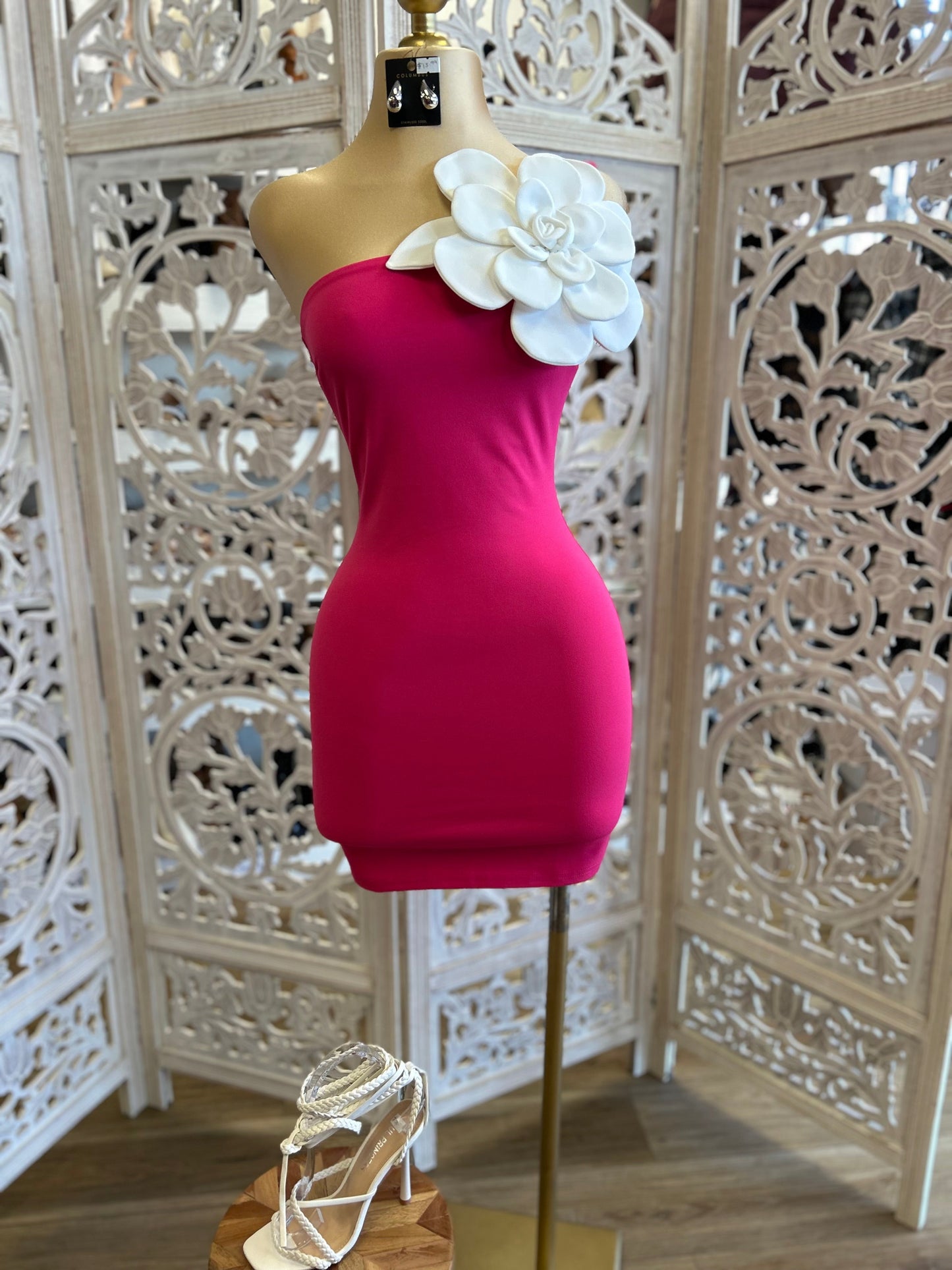 Enlarged Flower Pink Mini Dress- Stretchy