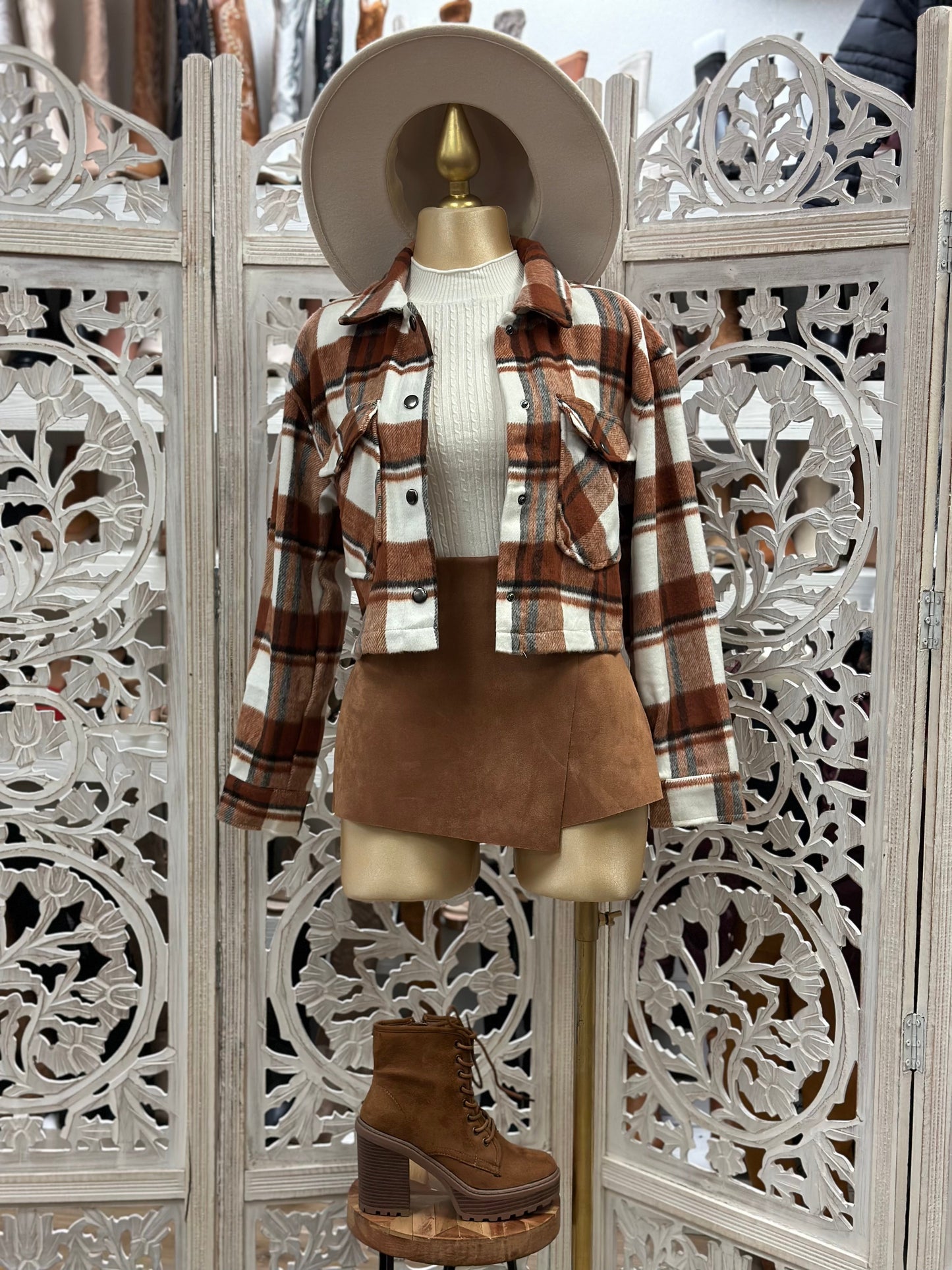 Cropped Brown Flannel Jacket with Pockets