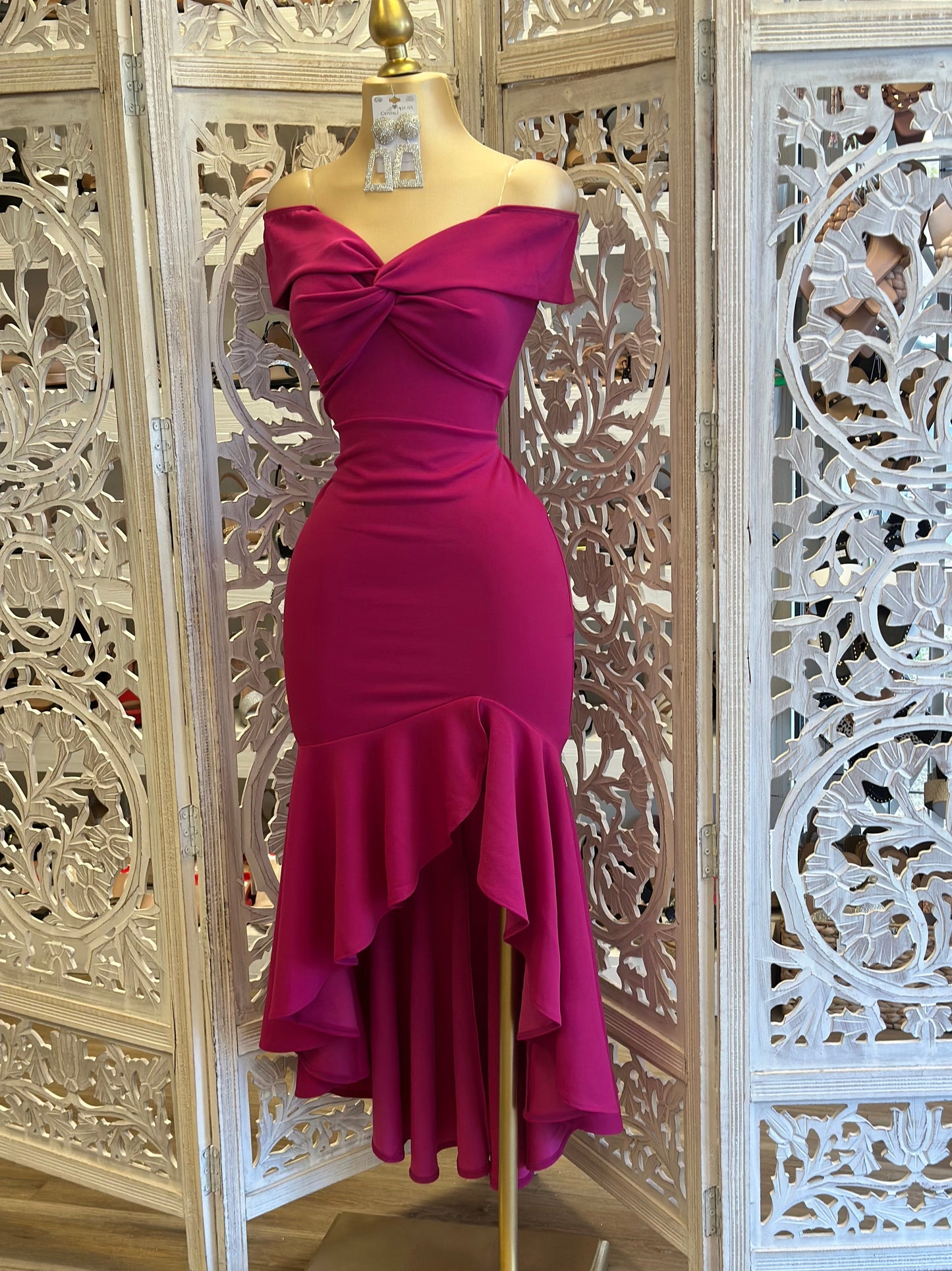 Off Shoulder Ruffle Draped Dress Magenta