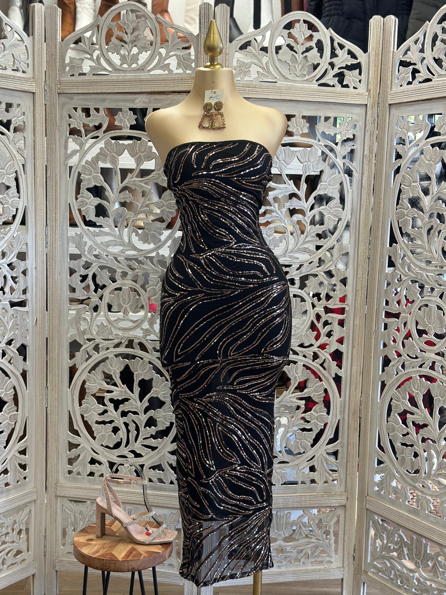 Black Strapless Sequin Pattern Midi Dress