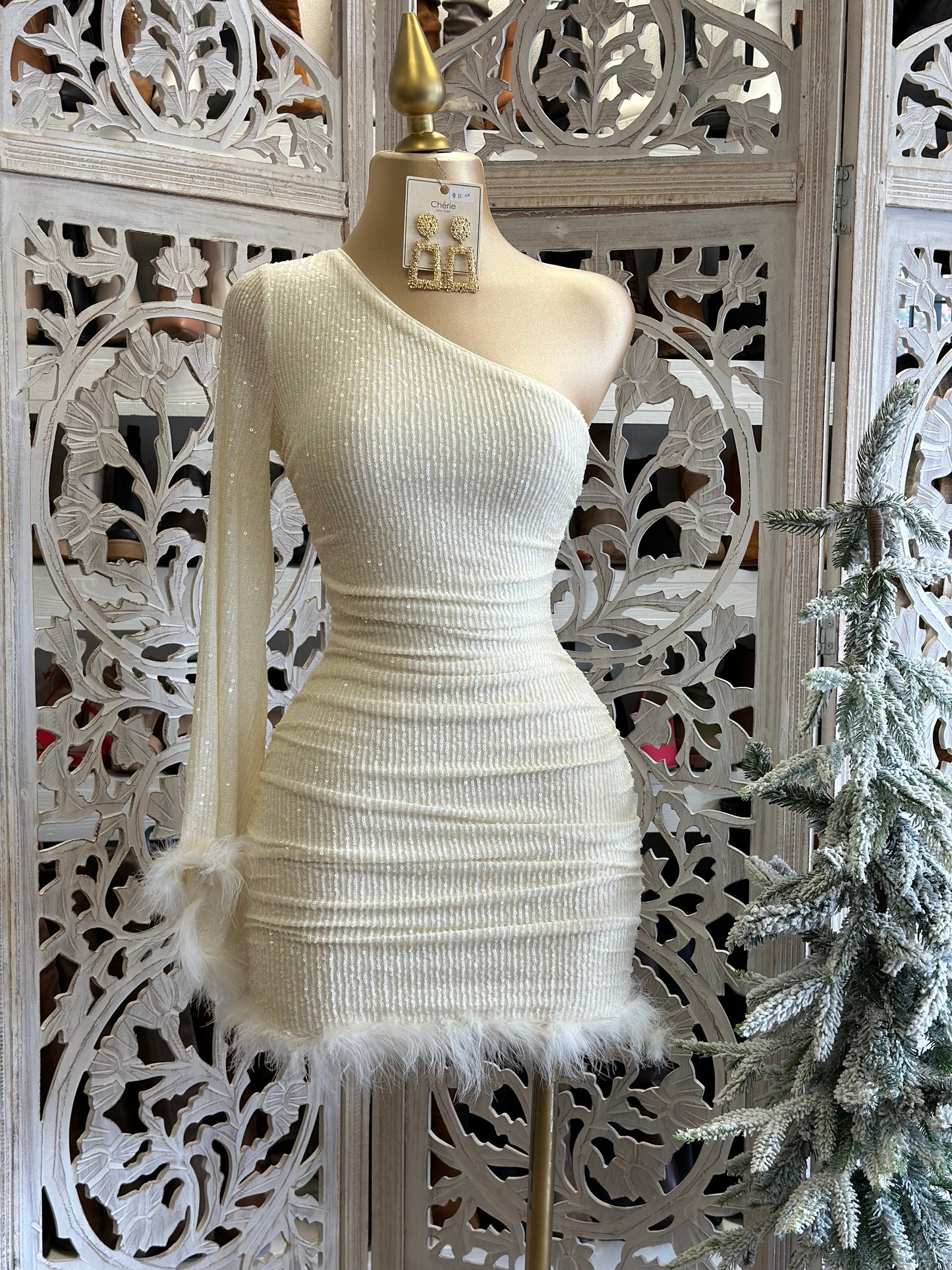 White Sequin Feathered Dress