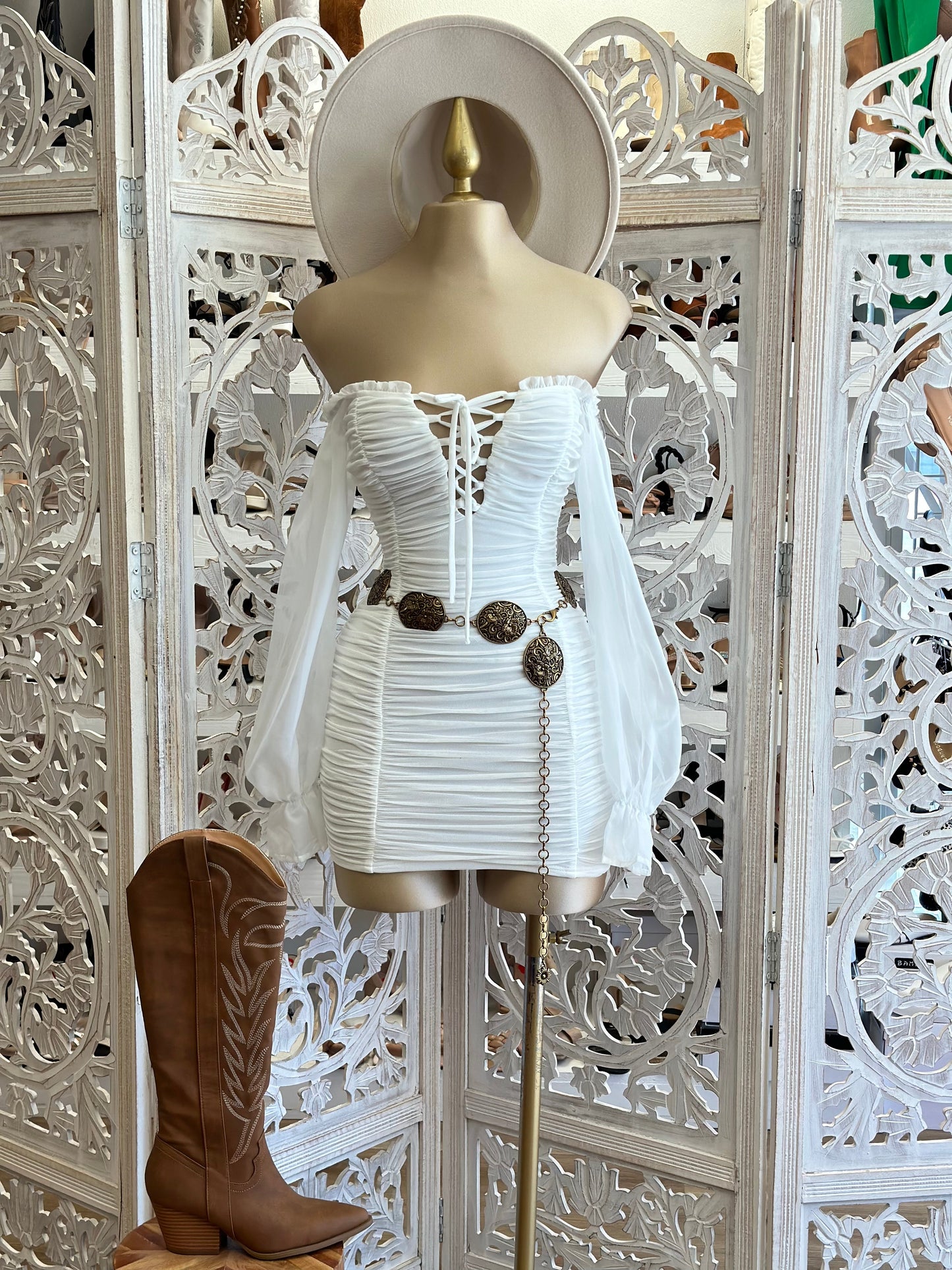 White Tie Up Boho Sleeve Mini Dress