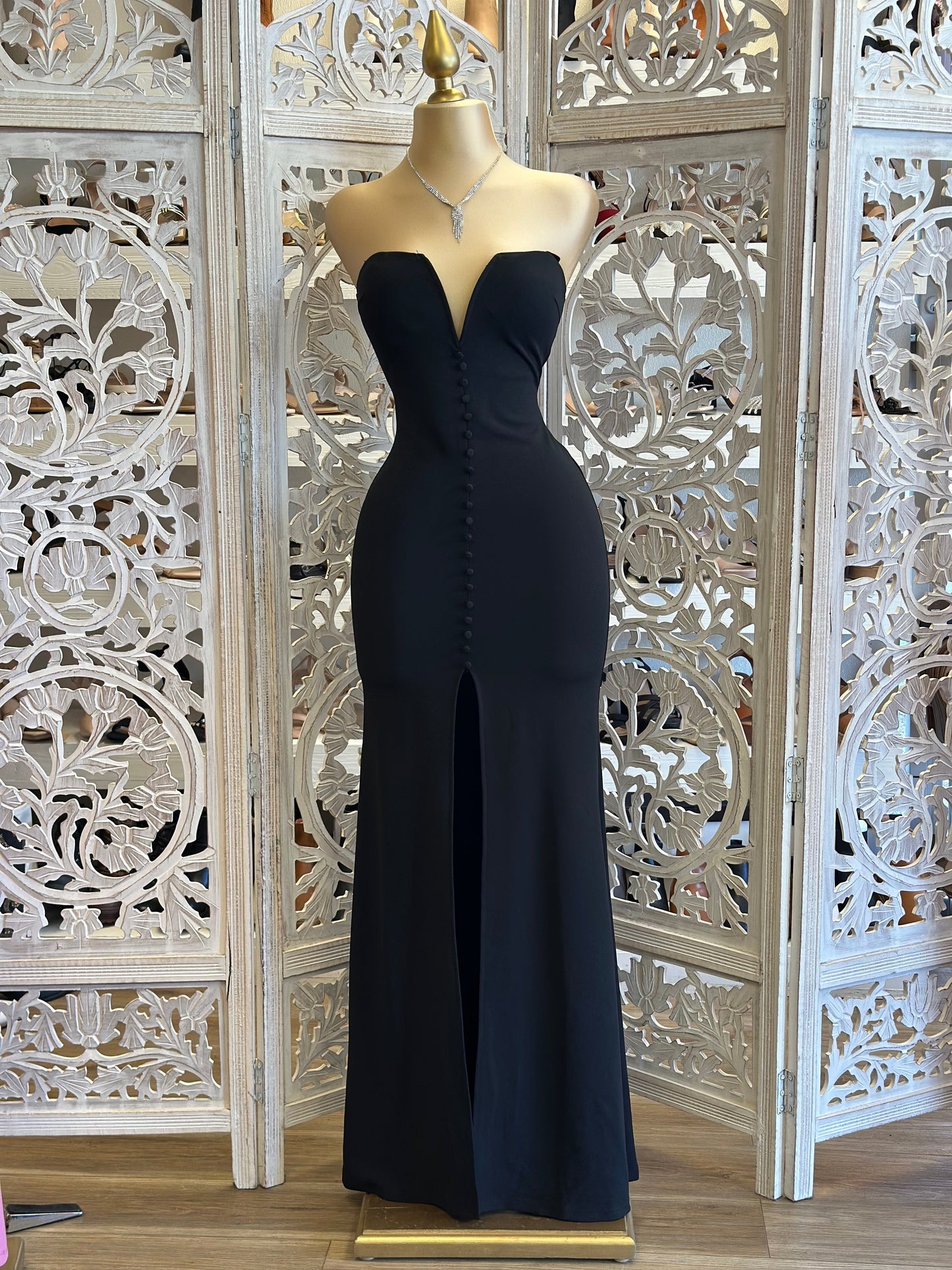 Button Detail Black Strapless Formal Dress- Stretchy