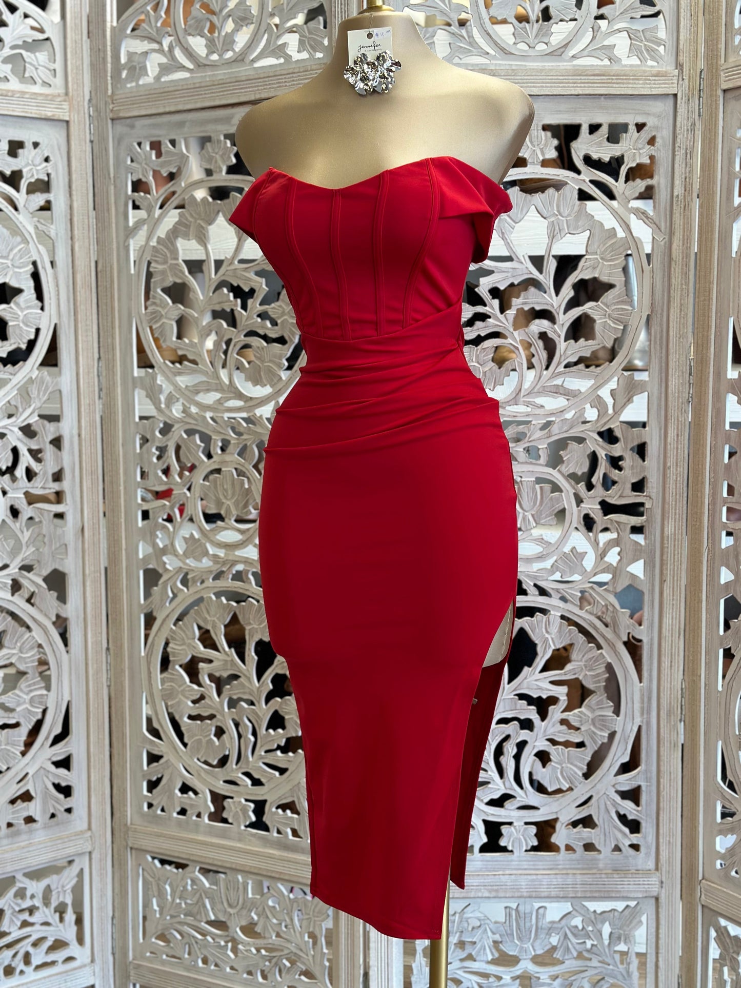 Red Corset Off Shoulder Midi Dress Stretchy