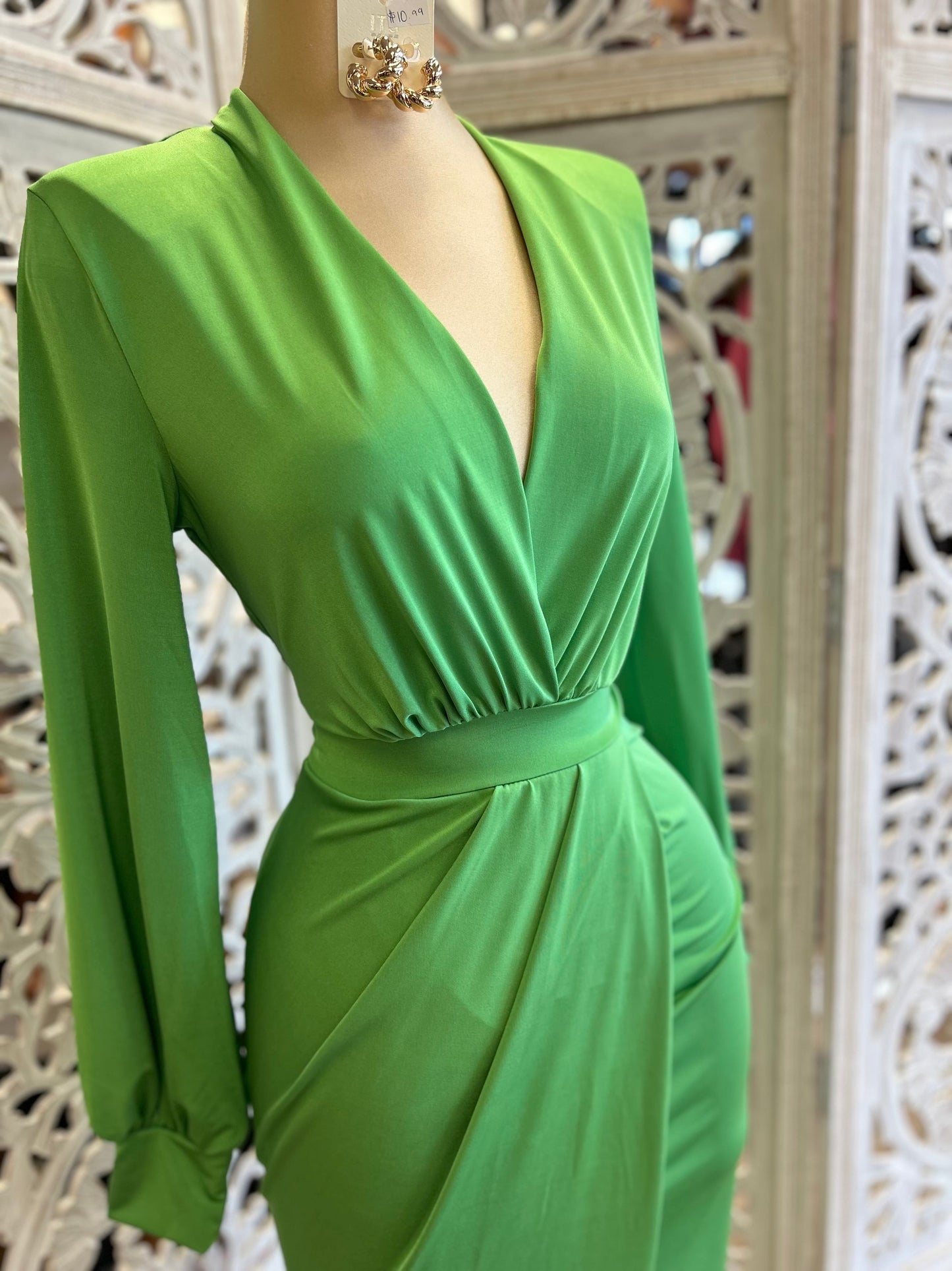 Green Draped Midi Dress- Very Stretchy