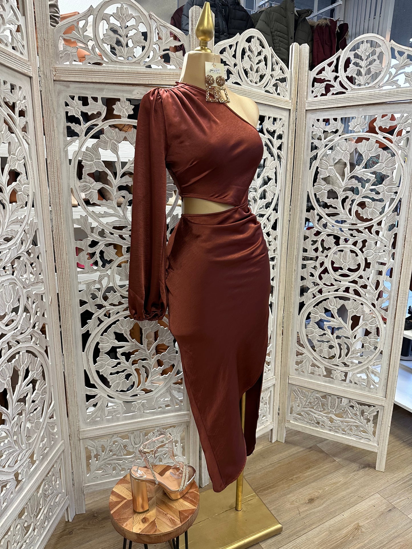 Midi Satin Bell One Sleeve Dress