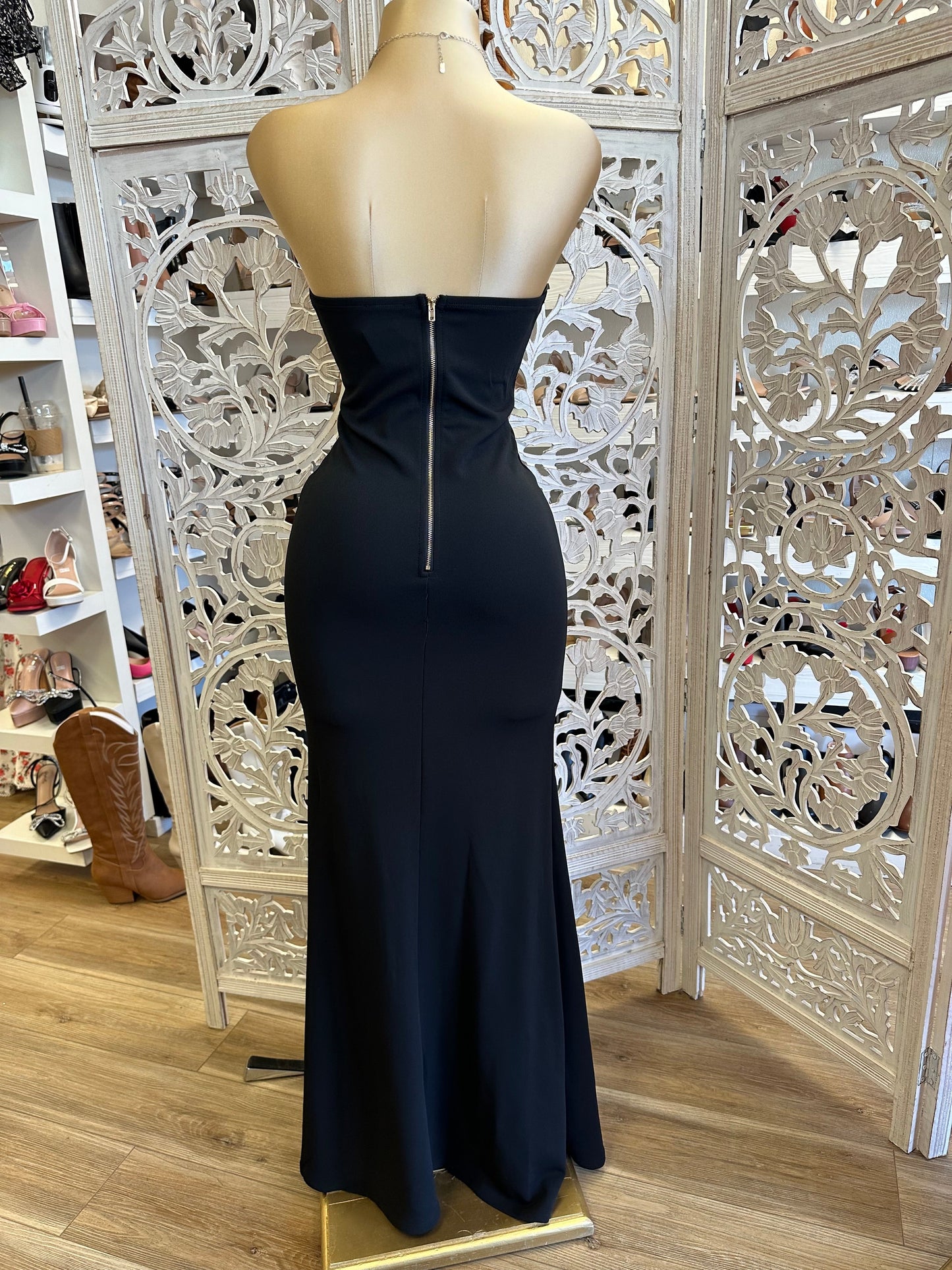 Button Detail Black Strapless Formal Dress- Stretchy