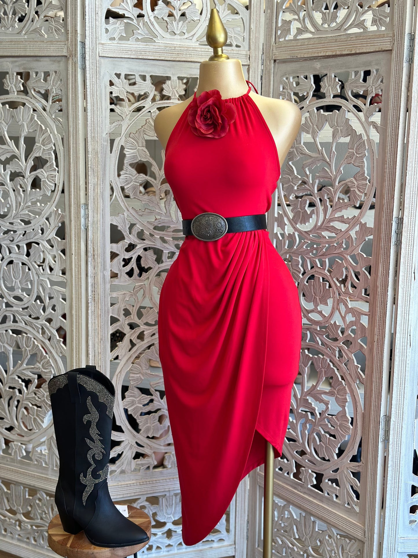 Red Flower Detail High Neck Draped Midi Dress- Stretchy