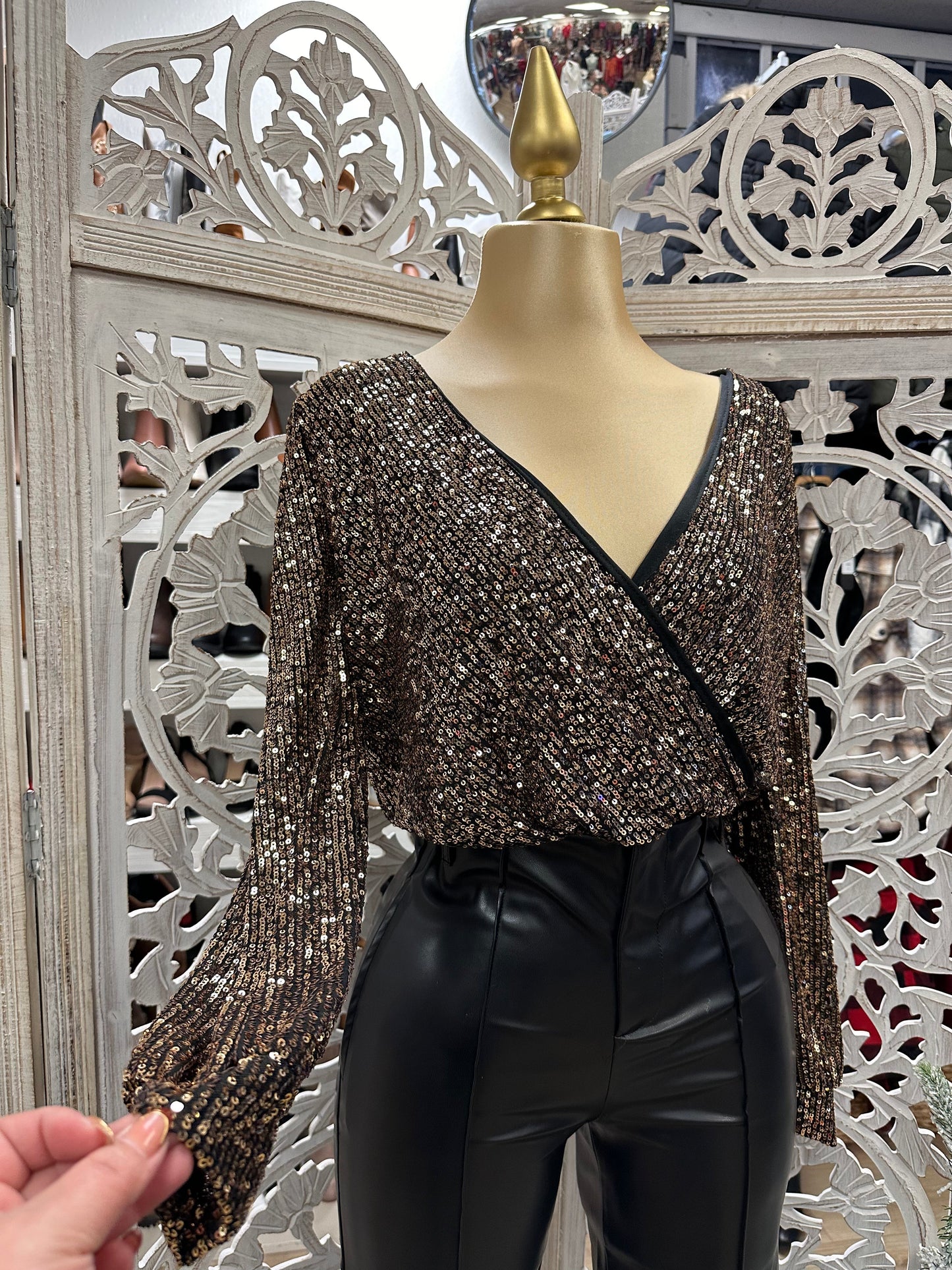 Gold and Black Wrapped Sequin Blouse