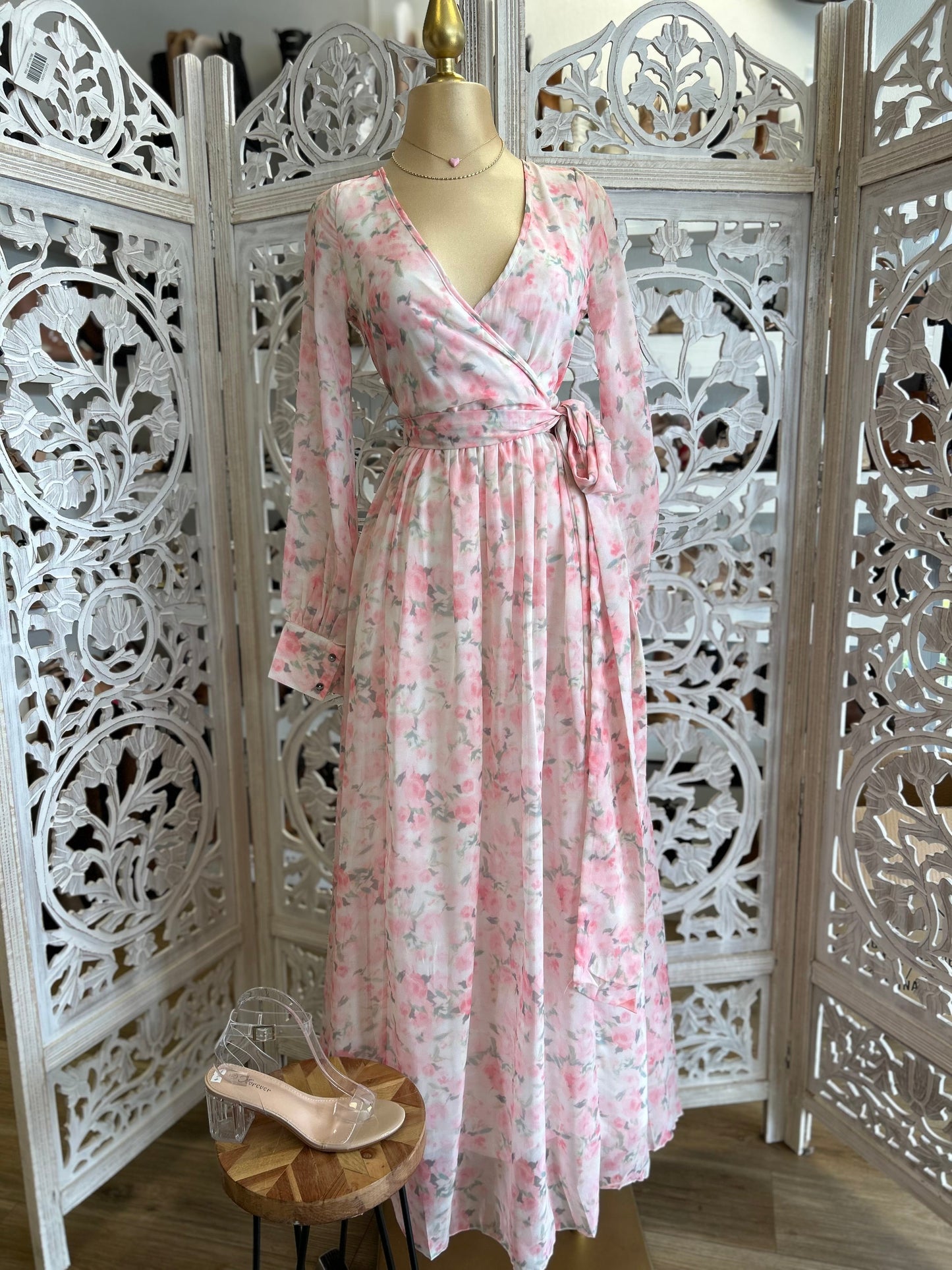 Pink Floral Wrapped Maxi Dress- Slightly Stretchy