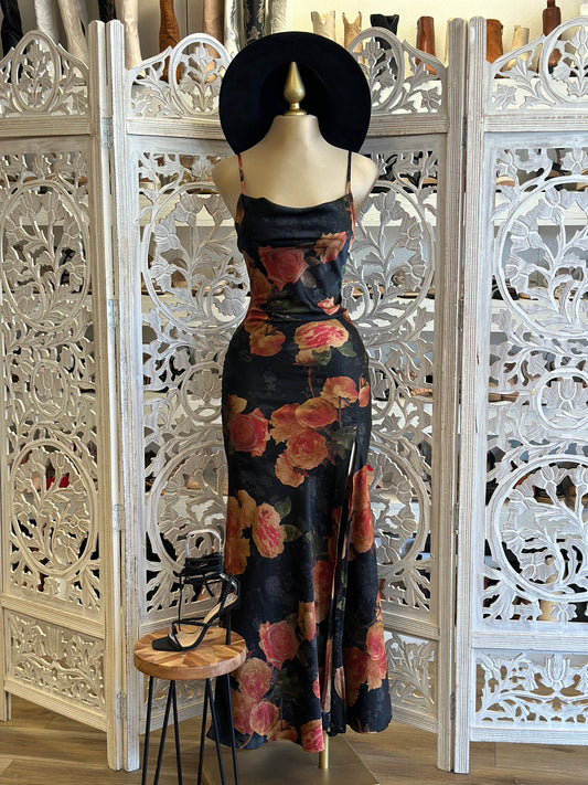 Black Floral Backless Maxi Dress- Not Stretchy