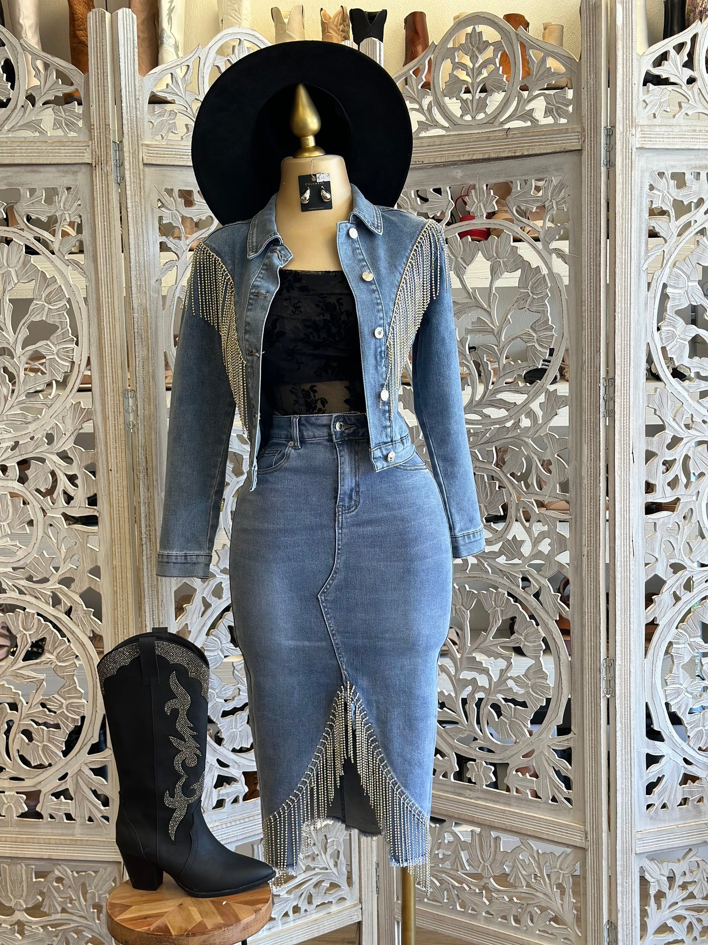 Rhinestone Fringe Denim Jacket- Stretchy