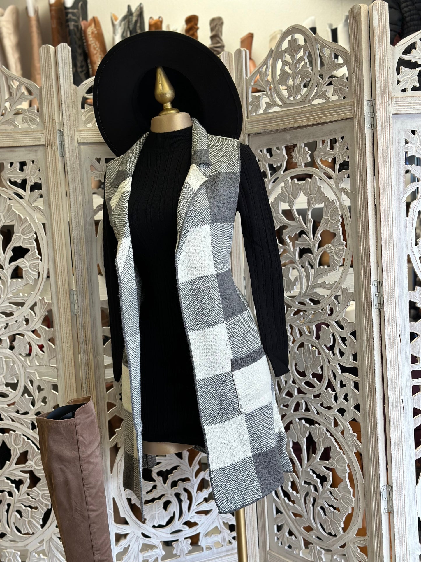 Dark Gray and White Plaid Coat Vest