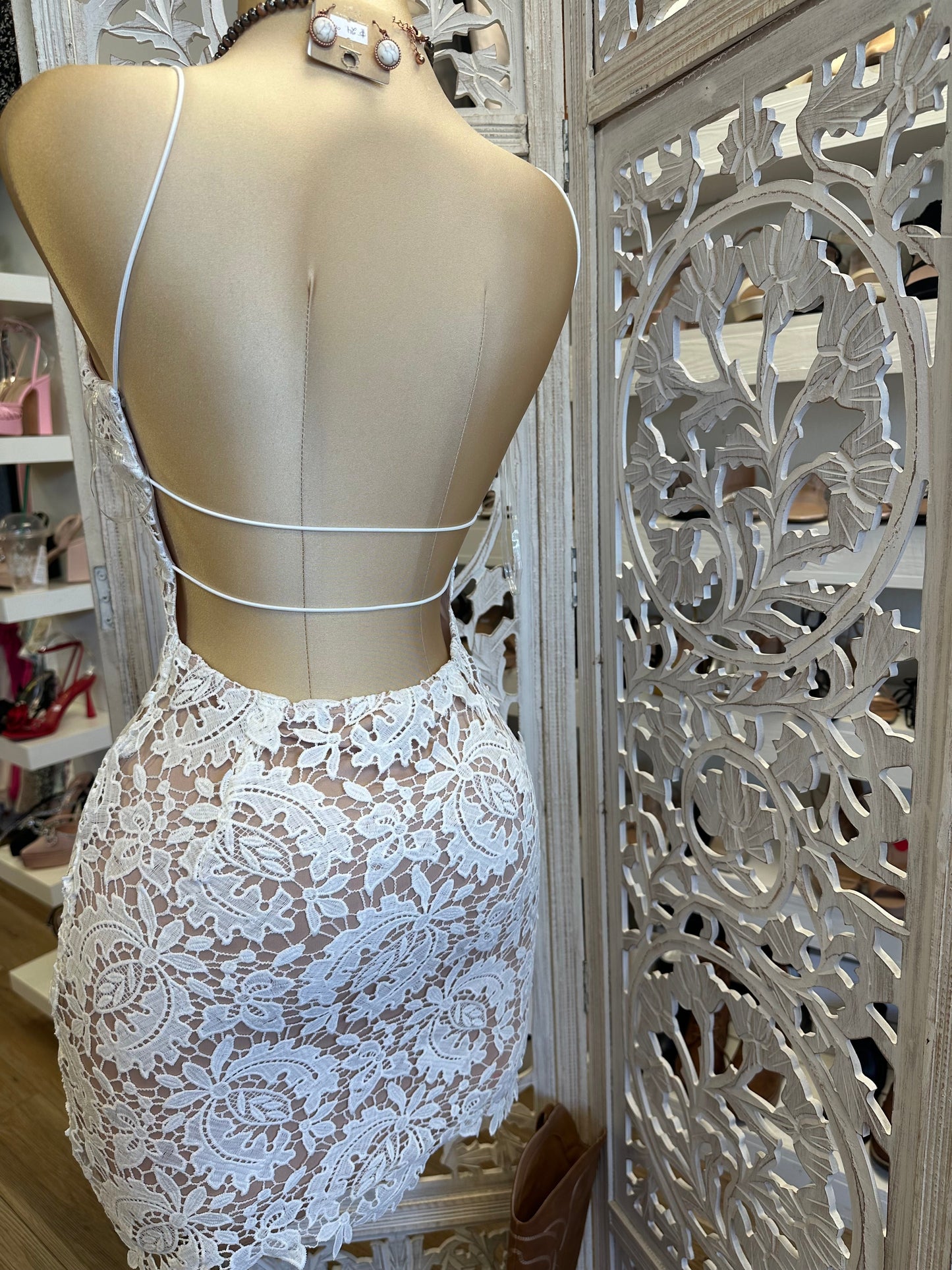 White Lace Mini Backless Dress- Not Stretchy