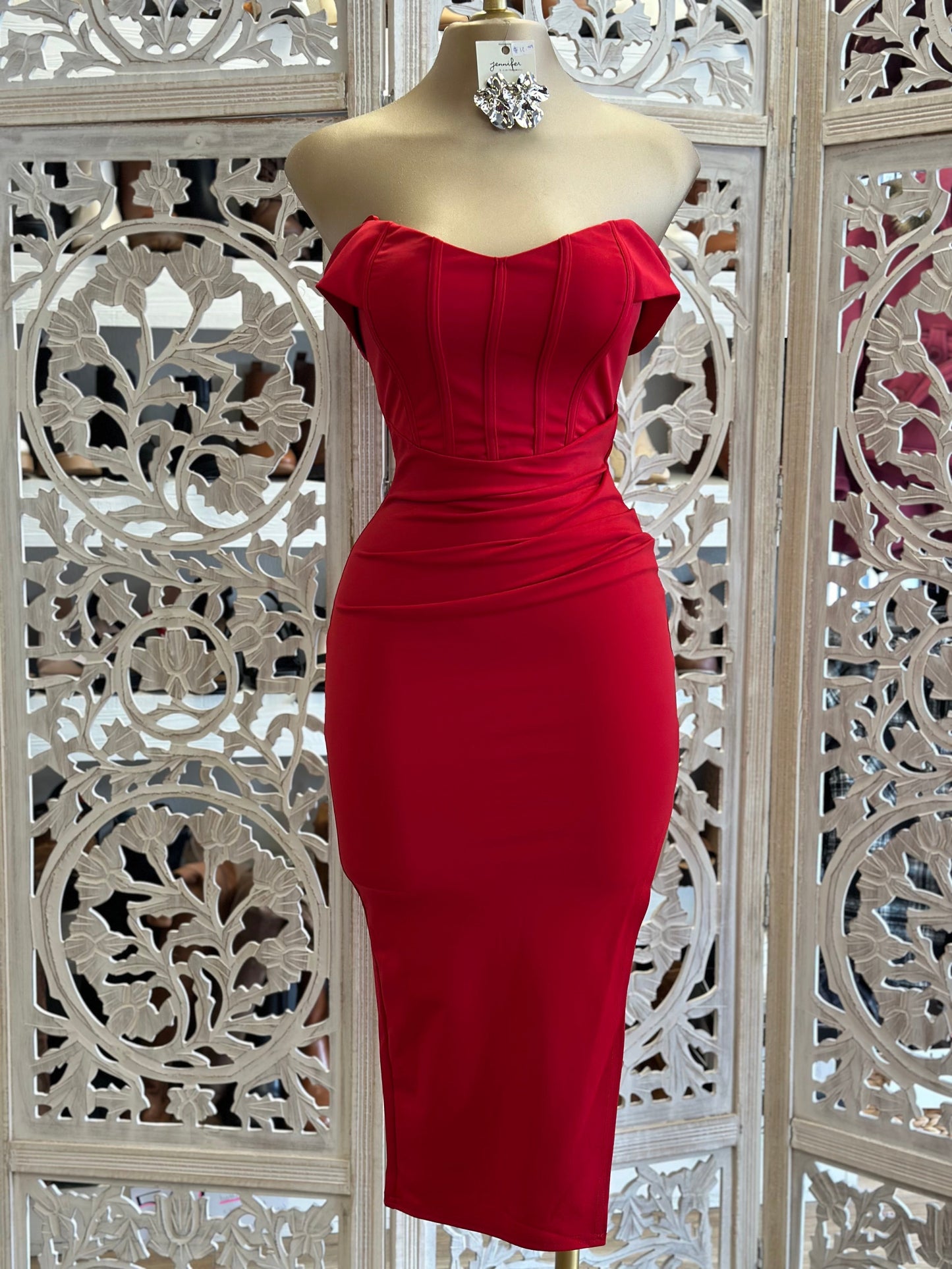 Red Corset Off Shoulder Midi Dress Stretchy