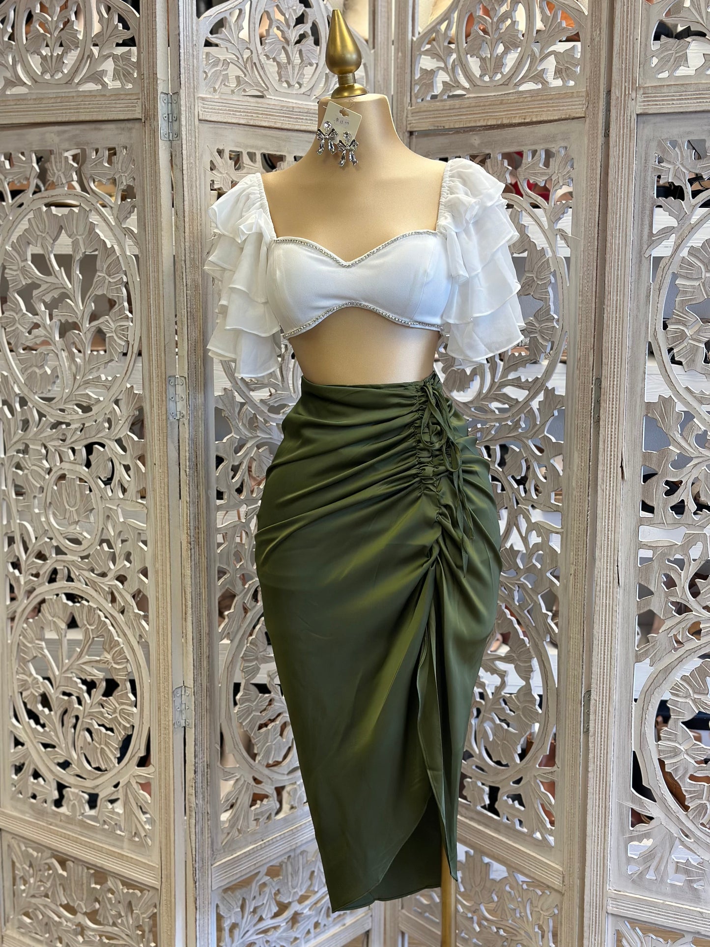 Olive Ruched Satin Midi Skirt- Stretchy