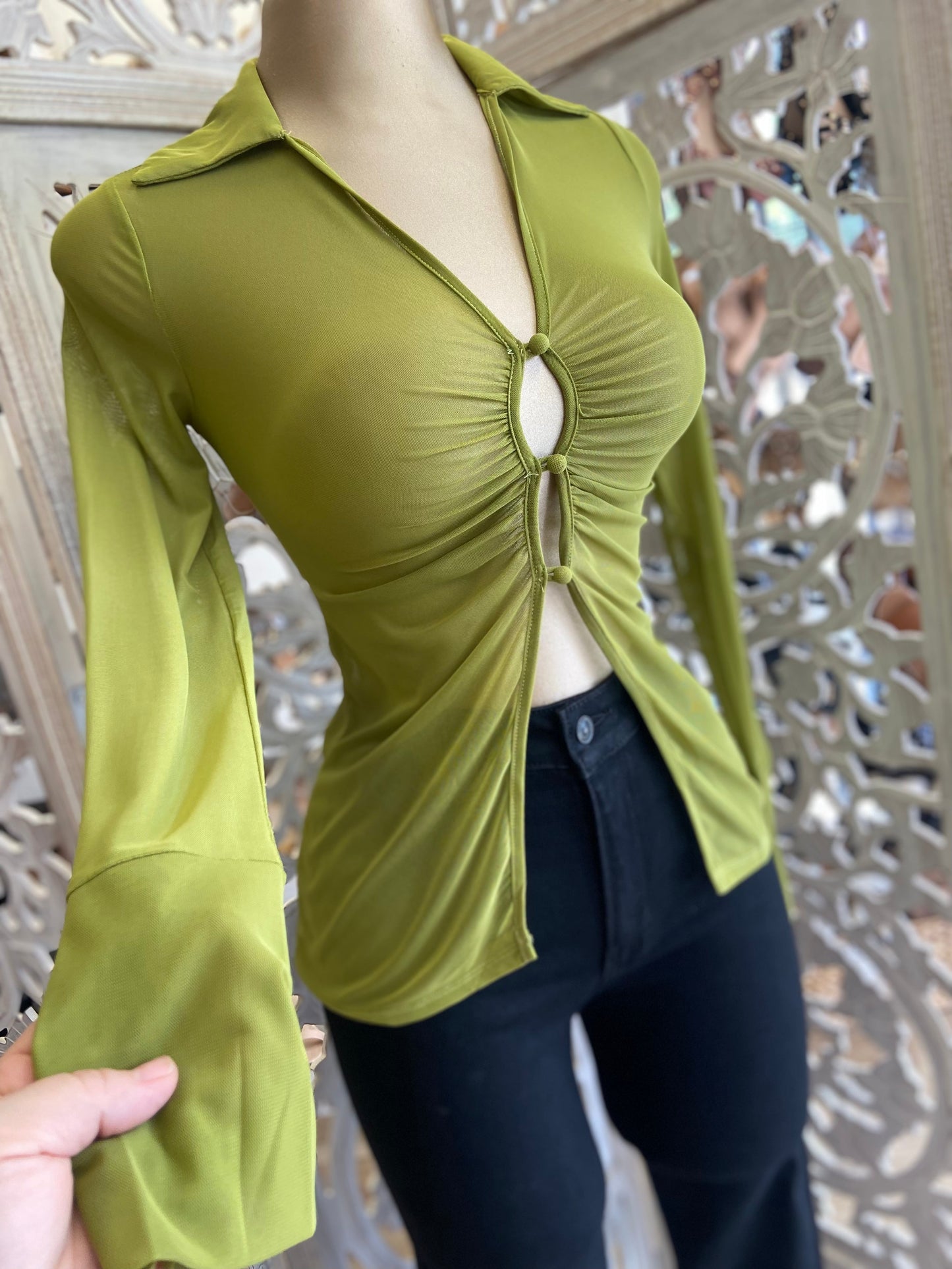 Green Sheer Button Blouse