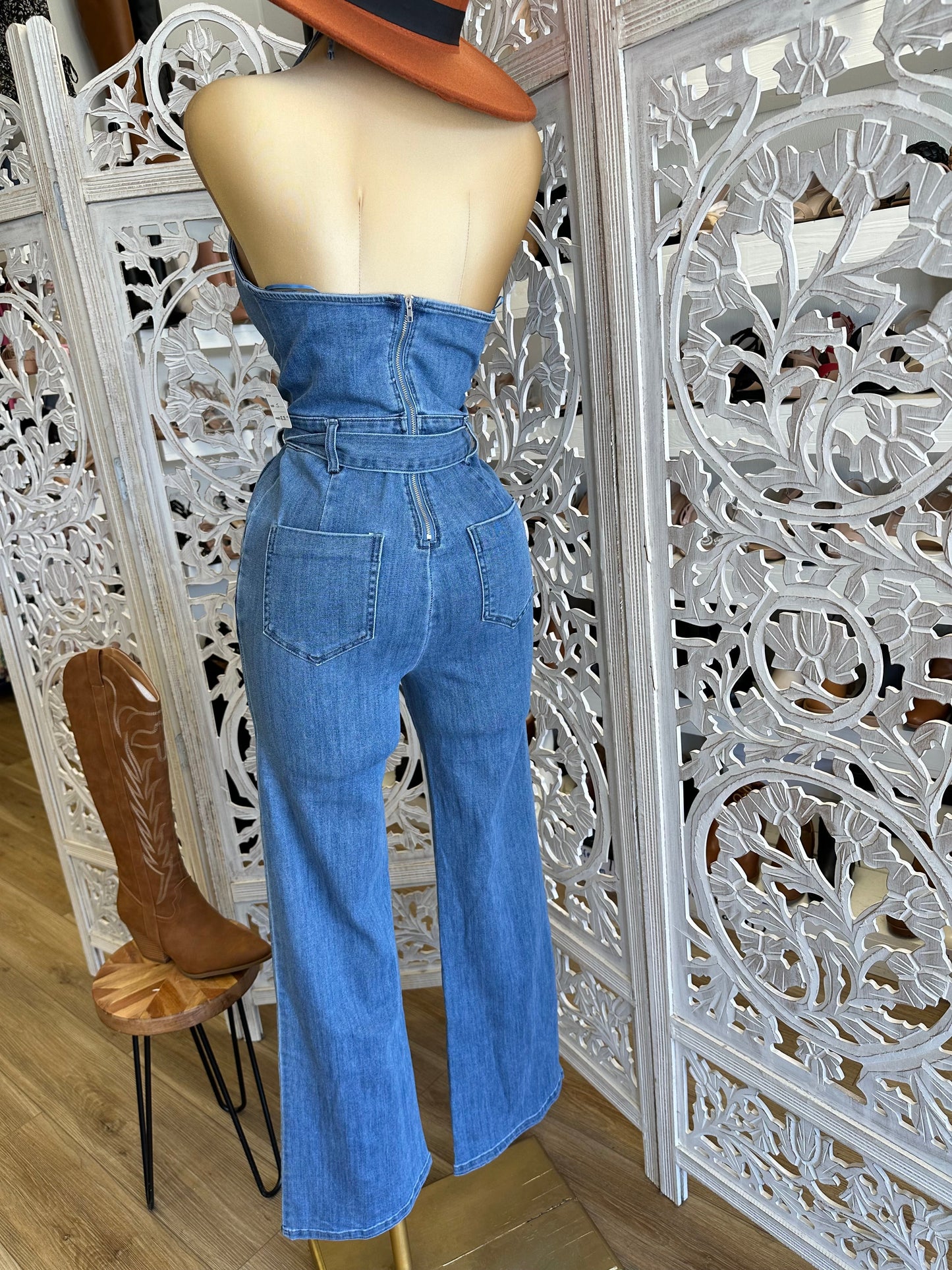 Denim Flare Backless Jumpsuit- Slightly Stretchy