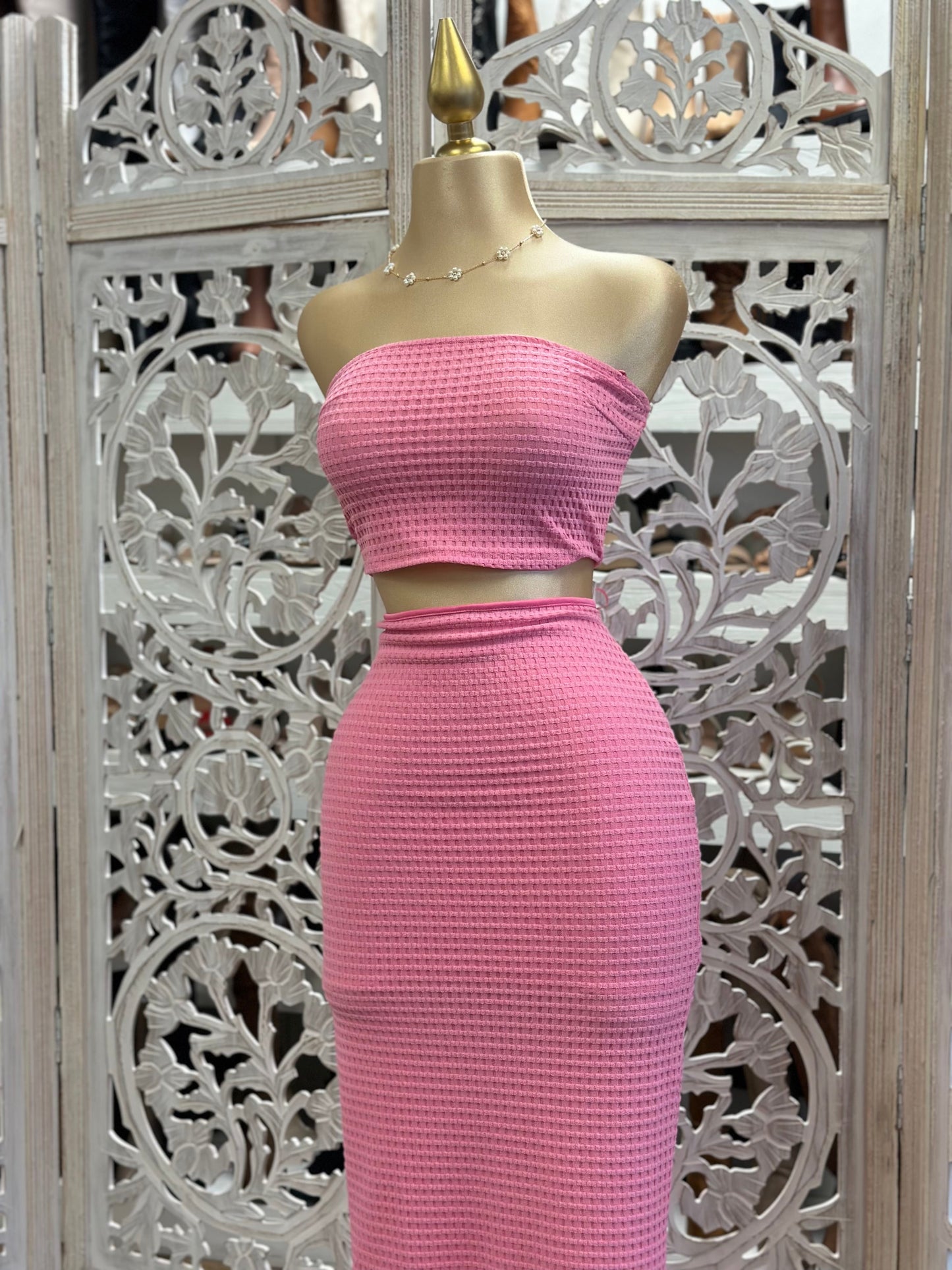 Cotton Pink Two Piece Strapless and Maxi Skirt Set- Stretchy