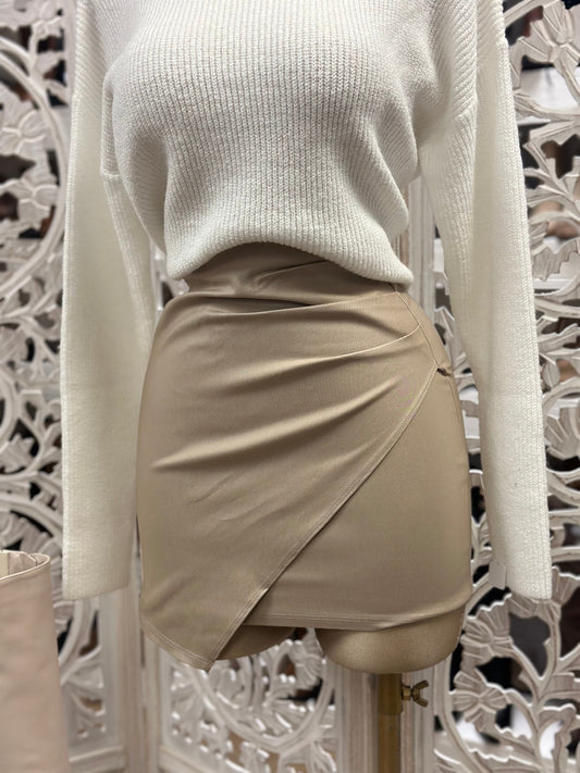 Beige Wrapped Faux Leather Skirt