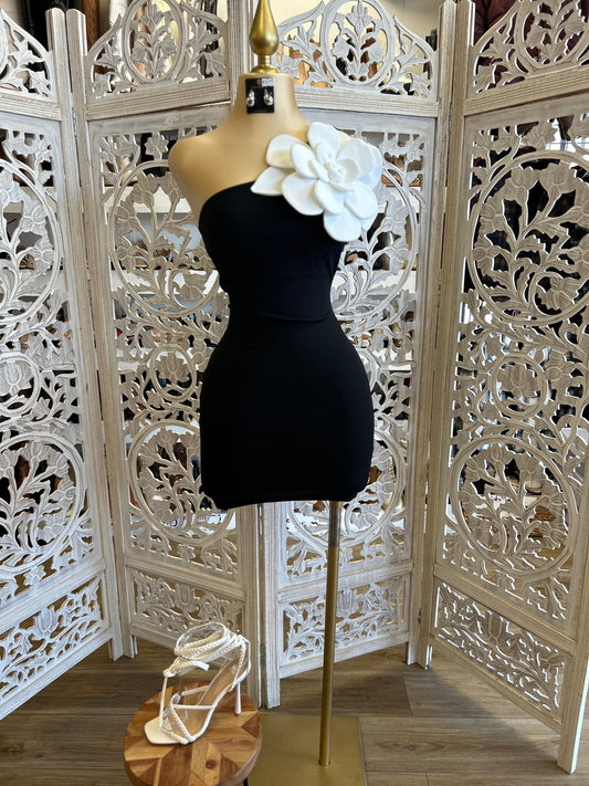 Enlarged Flower Black Mini Dress- Stretchy