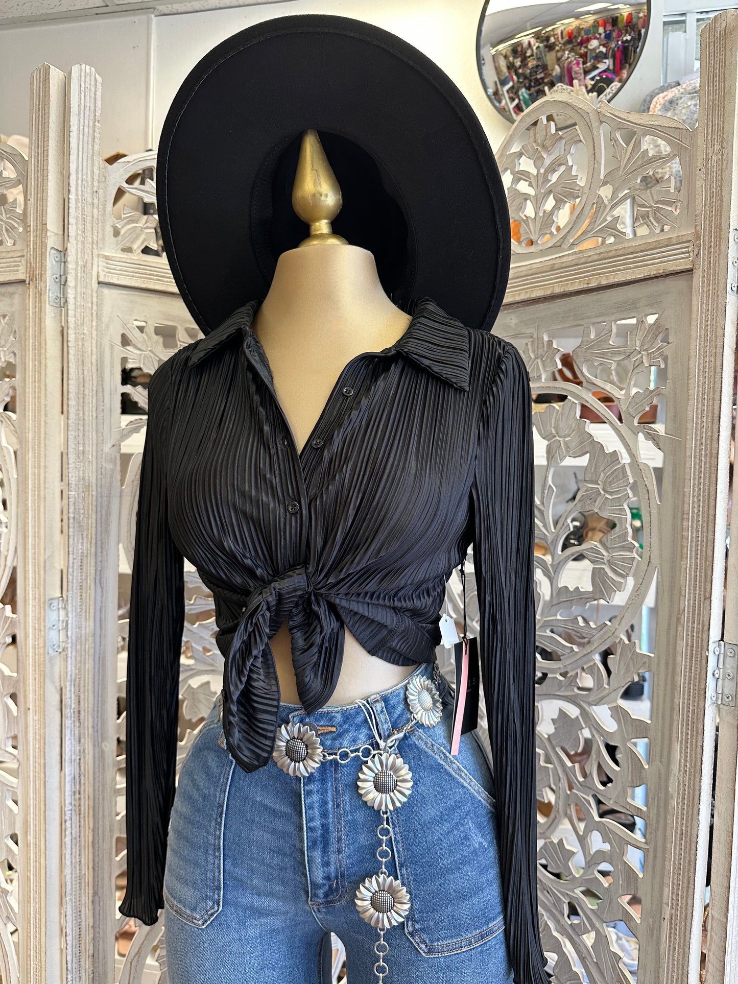 Black Pleated Button Blouse