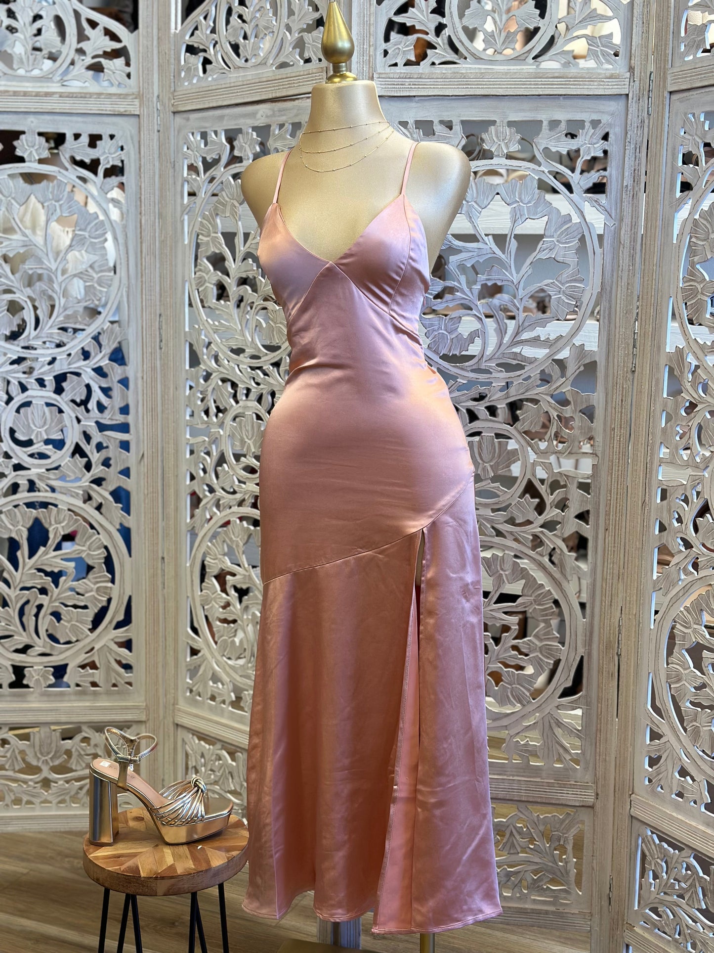 Rose Satin Strappy Slit Dress-Not Stretchy