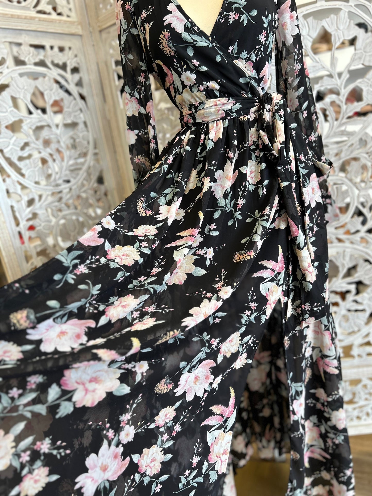 Black Floral Wrapped Maxi Dress- Slightly Stretchy