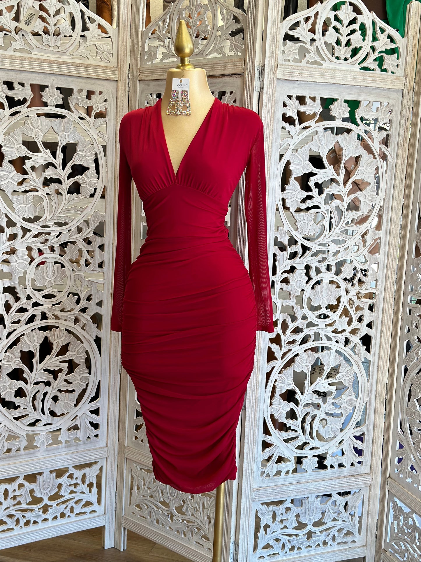 Red Crossed Mesh Midi Dress