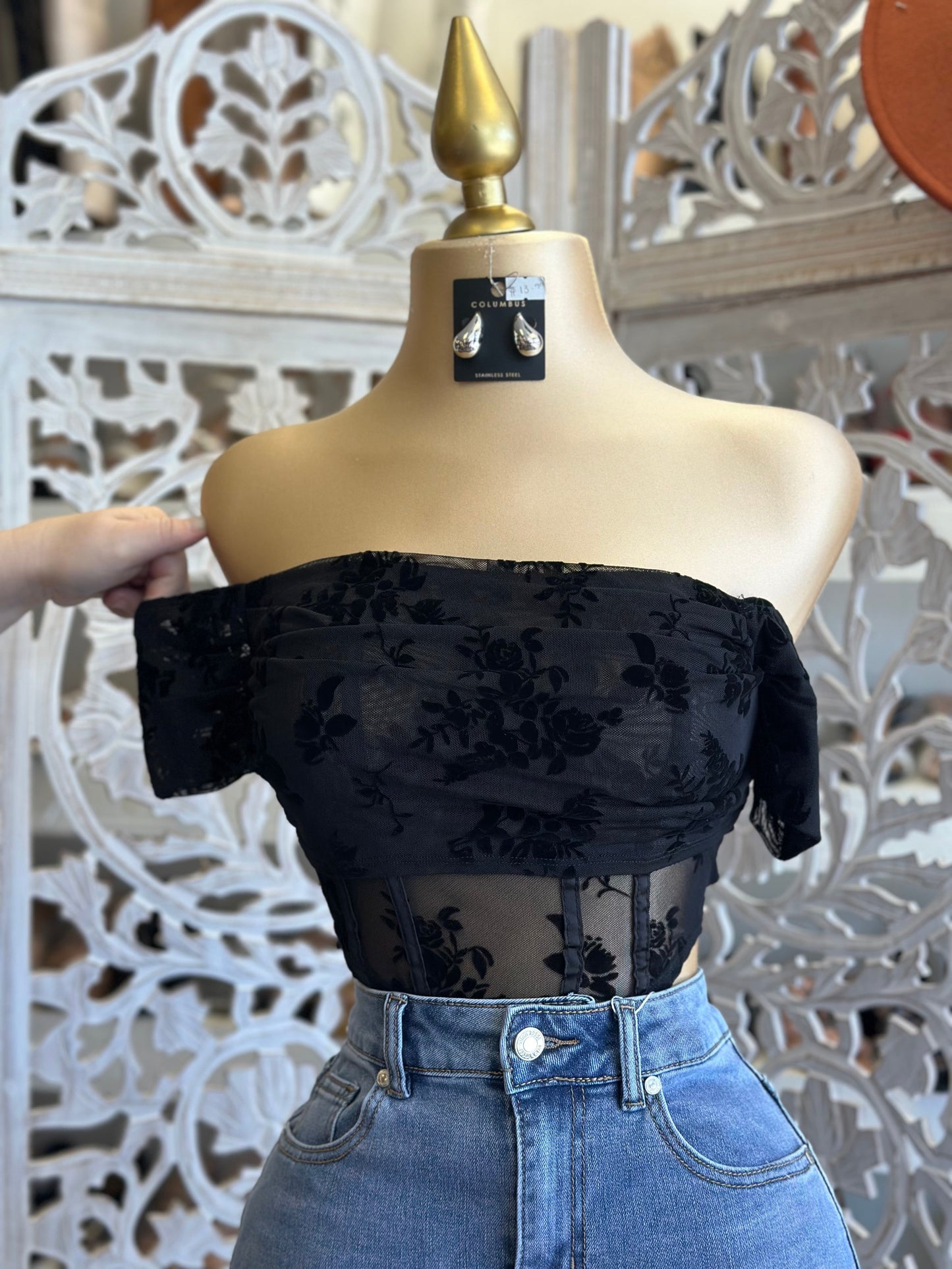 Black Corset Mesh Off Shoulder Top- Stretchy