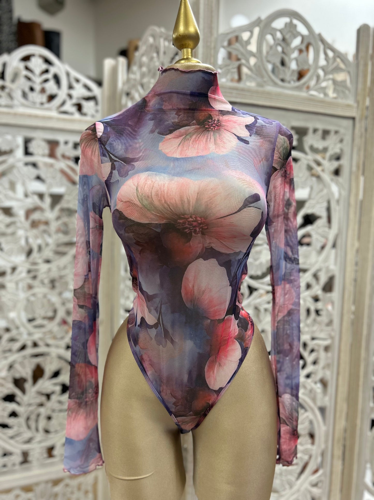 Purple Floral Print Mock Neck Bodysuit- Stretchy