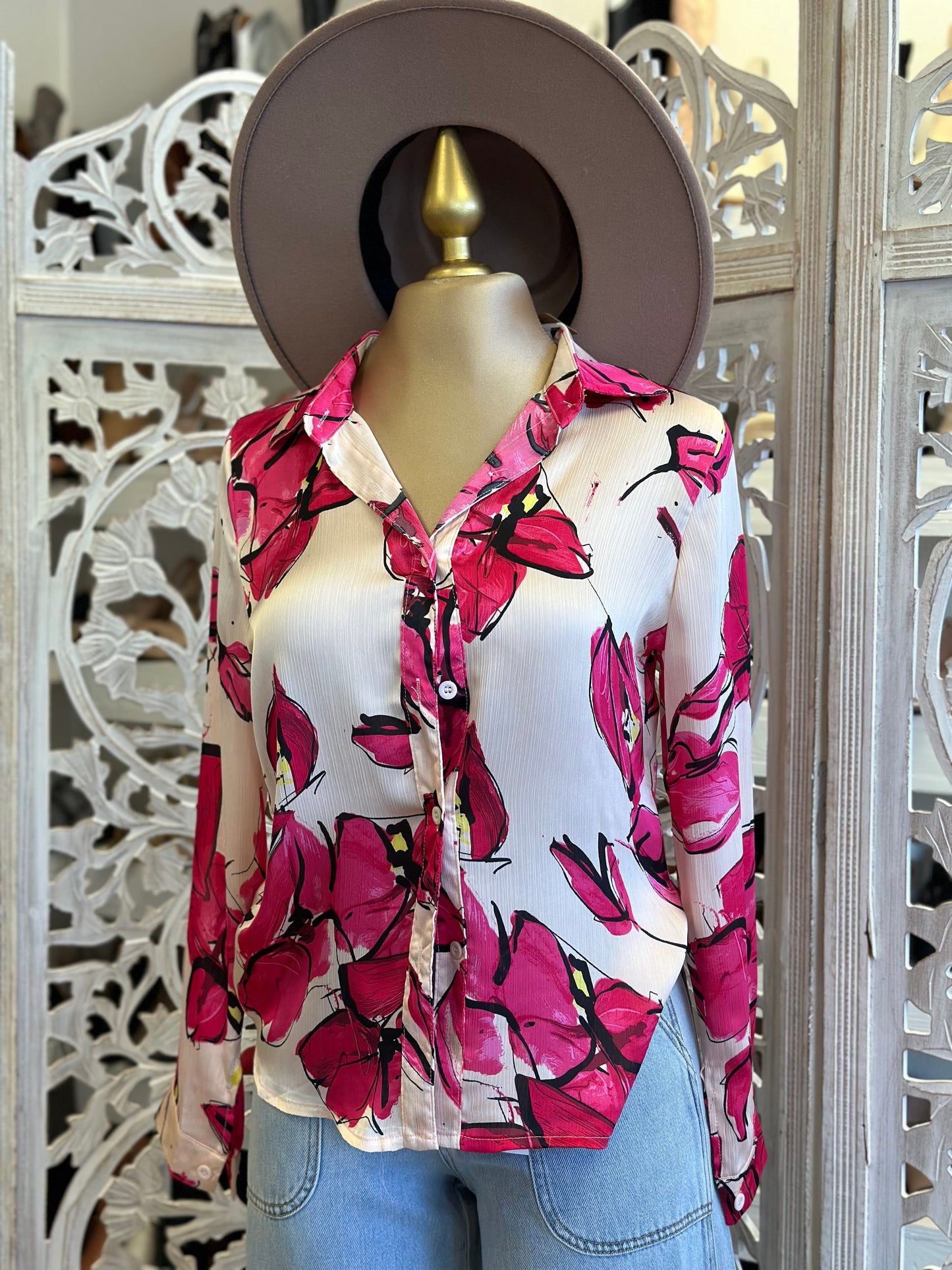 Rose Painted Oattern Button Up Blouse