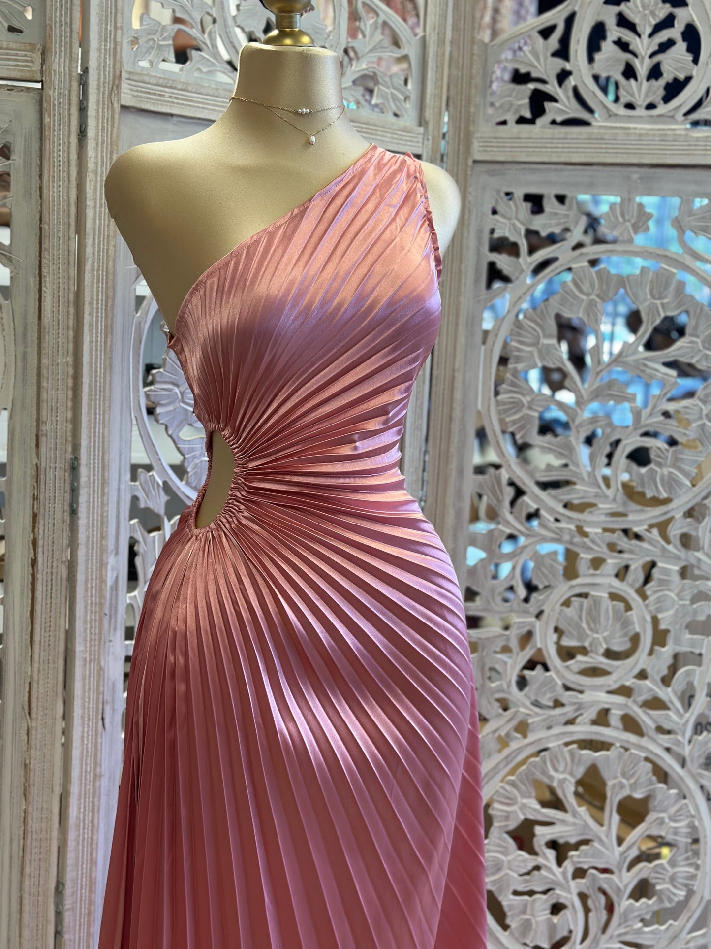 Pink Pleated Cutout Dress- Slightly Stretchy